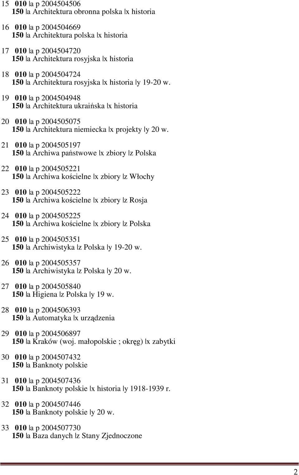 21 010 a p 2004505197 150 a Archiwa państwowe x zbiory z Polska 22 010 a p 2004505221 150 a Archiwa kościelne x zbiory z Włochy 23 010 a p 2004505222 150 a Archiwa kościelne x zbiory z Rosja 24 010 a