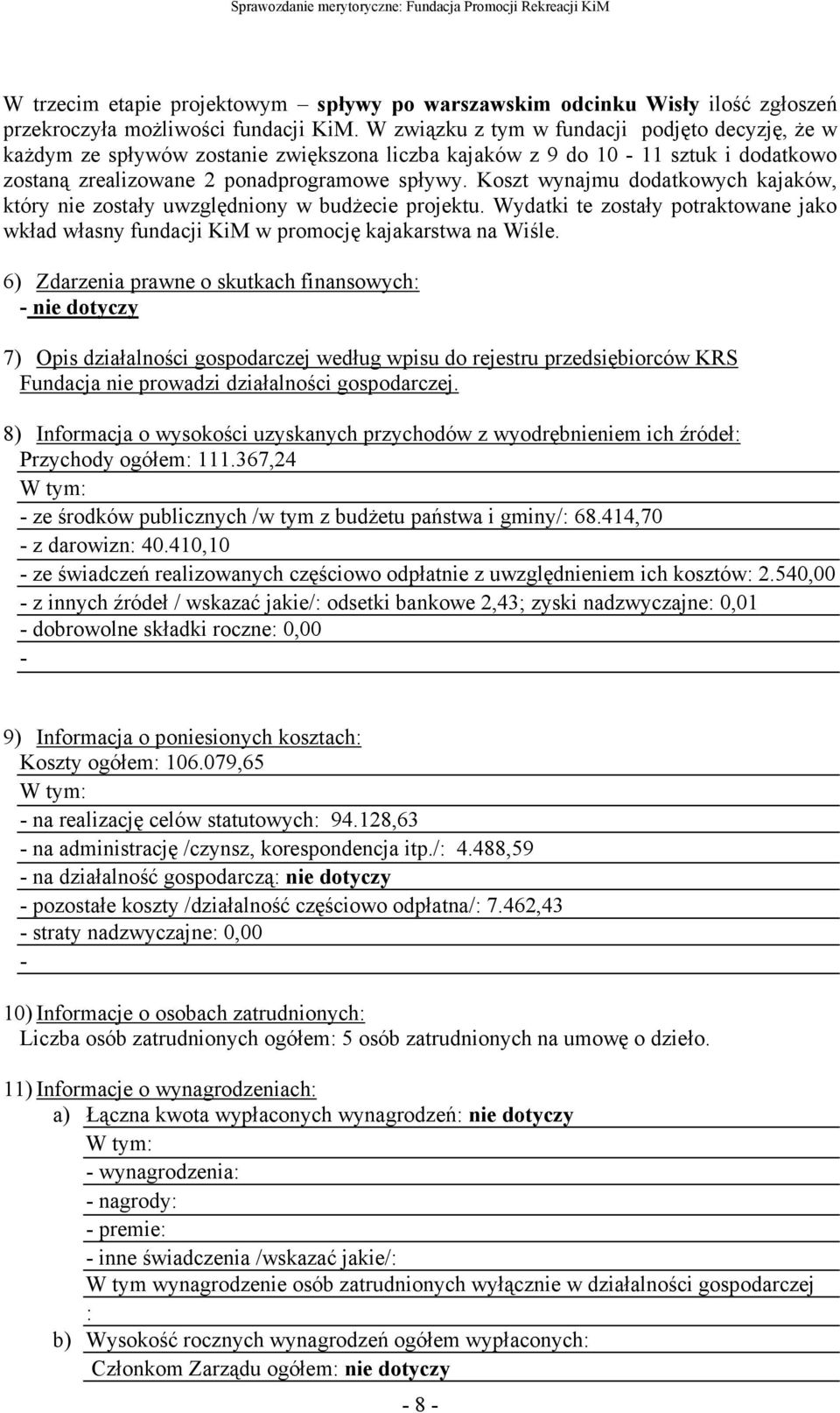 Koszt wynajmu dodatkowych kajaków, który nie zostały uwzględniony w budŝecie projektu. Wydatki te zostały potraktowane jako wkład własny fundacji KiM w promocję kajakarstwa na Wiśle.