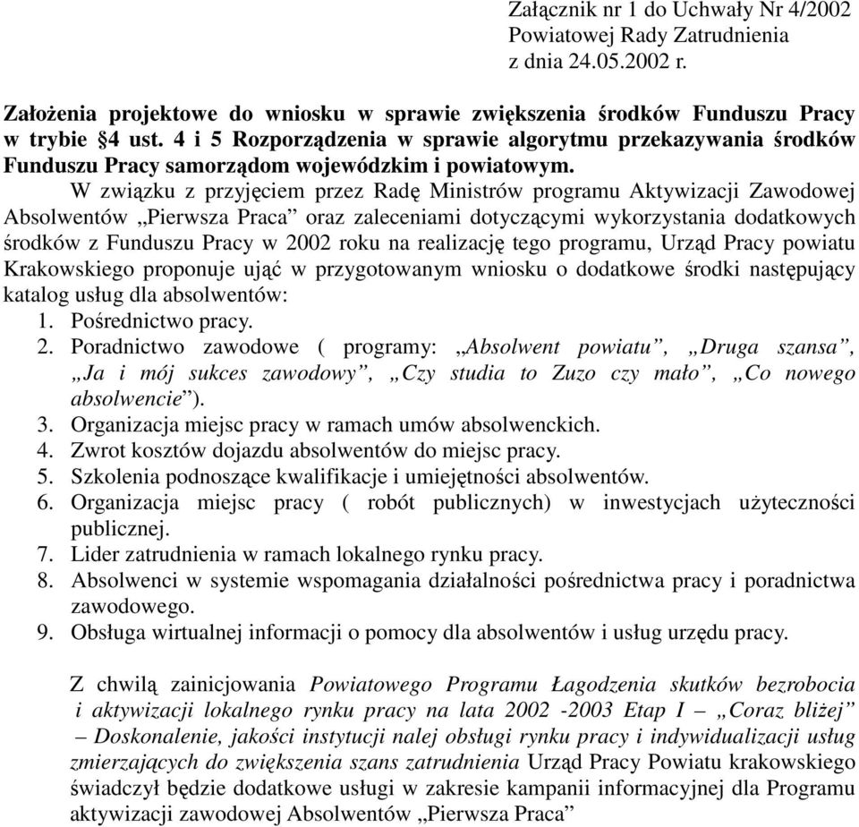 W związku z przyjęciem przez Radę Ministrów programu Aktywizacji Zawodowej Absolwentów Pierwsza Praca oraz zaleceniami dotyczącymi wykorzystania dodatkowych środków z Funduszu Pracy w 2002 roku na