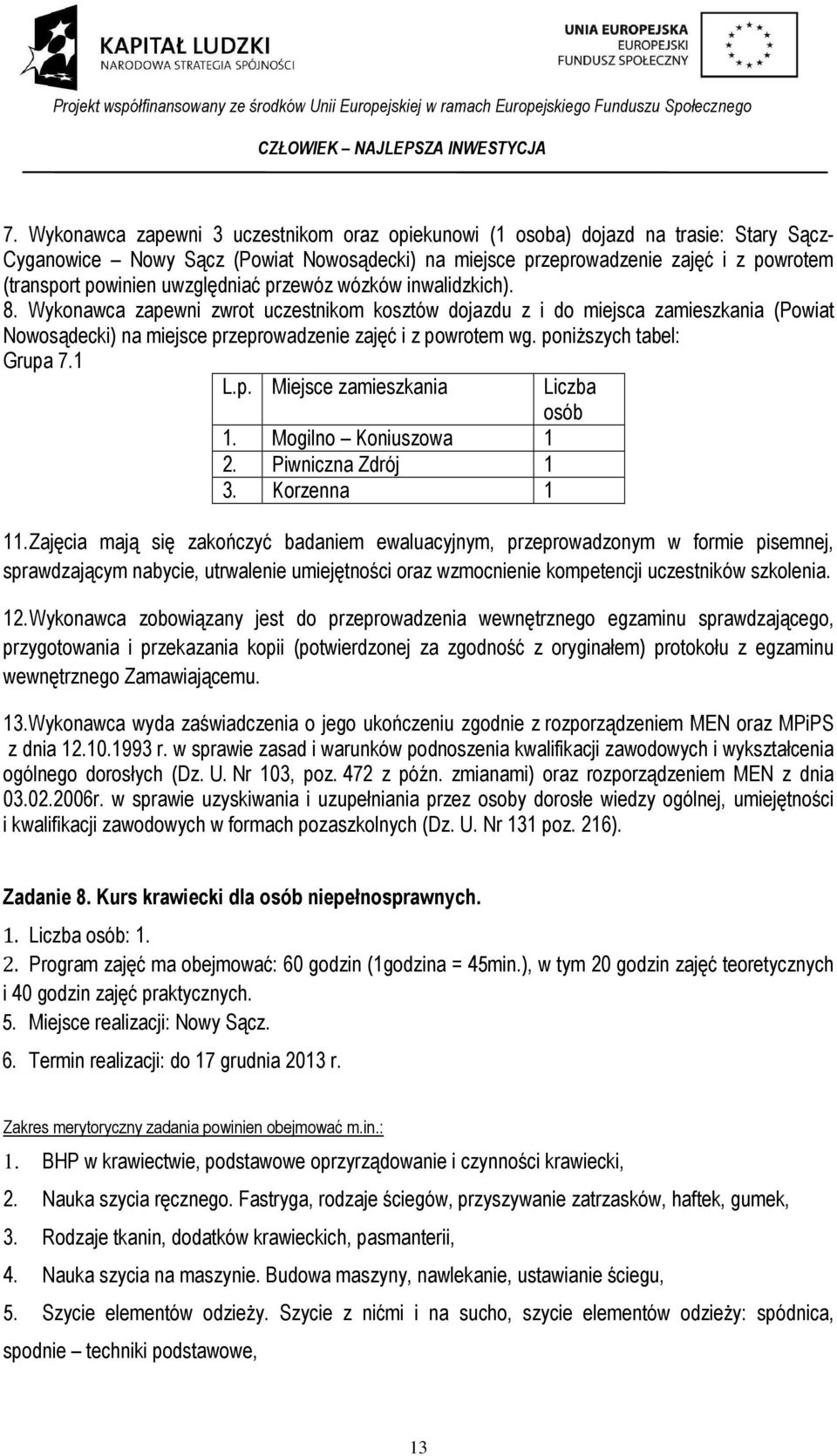 poniższych tabel: Grupa 7.1 L.p. Miejsce zamieszkania 1. Mogilno Koniuszowa 1 2. Piwniczna Zdrój 1 3. Korzenna 1 Liczba osób 11.
