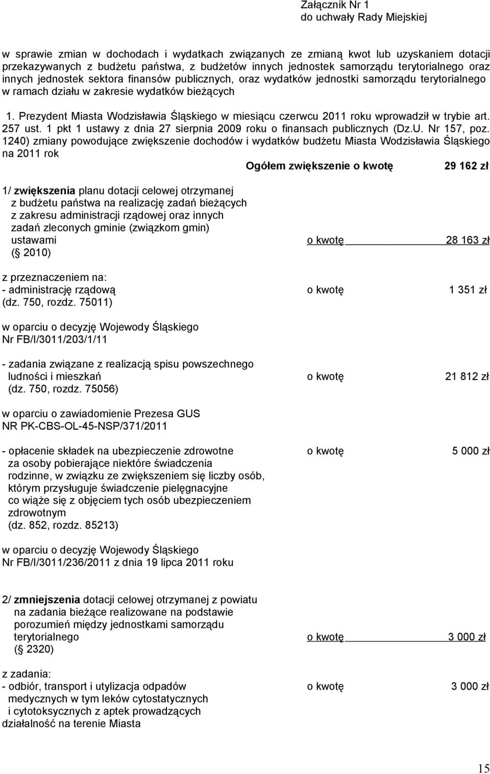 Prezydent Miasta Wodzisławia Śląskiego w miesiącu czerwcu 2011 roku wprowadził w trybie art. 257 ust. 1 pkt 1 ustawy z dnia 27 sierpnia 2009 roku o finansach publicznych (Dz.U. Nr 157, poz.