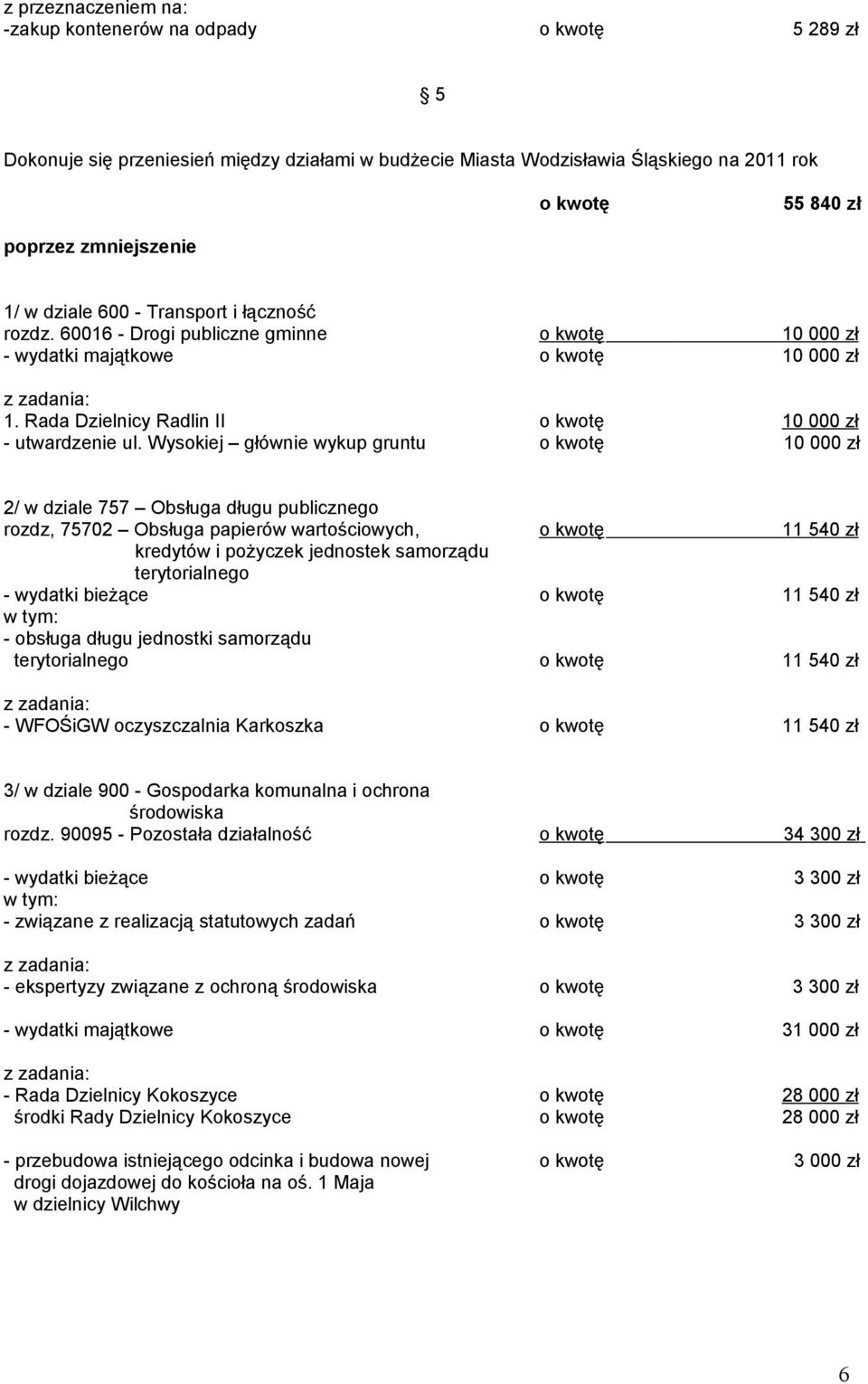 Wysokiej głównie wykup gruntu o kwotę 10 000 zł 2/ w dziale 757 Obsługa długu publicznego rozdz, 75702 Obsługa papierów wartościowych, o kwotę 11 540 zł kredytów i pożyczek jednostek samorządu