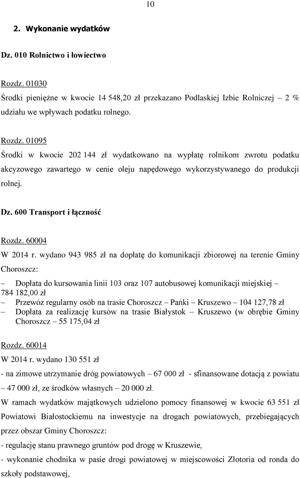 01095 Środki w kwocie 202 144 zł wydatkowano na wypłatę rolnikom zwrotu podatku akcyzowego zawartego w cenie oleju napędowego wykorzystywanego do produkcji rolnej. Dz. 600 Transport i łączność Rozdz.