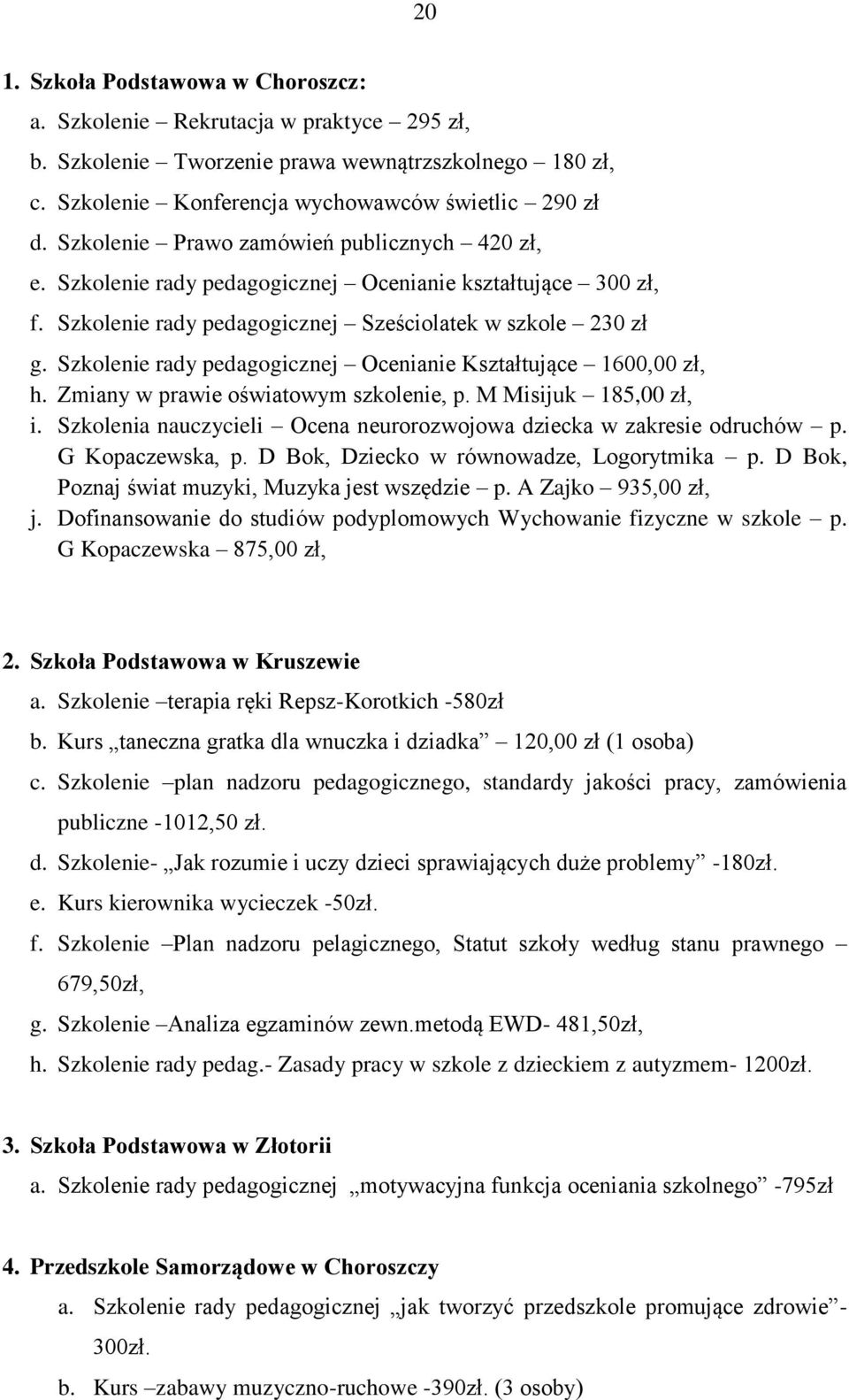 Szkolenie rady pedagogicznej Ocenianie Kształtujące 1600,00 zł, h. Zmiany w prawie oświatowym szkolenie, p. M Misijuk 185,00 zł, i.