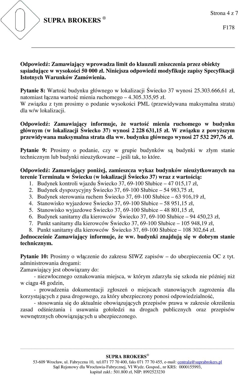 666,61 zł, natomiast łączna wartość mienia ruchomego 4.305.335,95 zł. W związku z tym prosimy o podanie wysokości PML (przewidywana maksymalna strata) dla w/w lokalizacji.