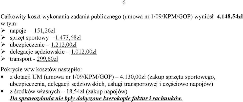 012,00zł transport - 299,60zł Pokrycie w/w kosztów nastąpiło: z dotacji UM (umowa nr.1/09/kpm/gop) 4.