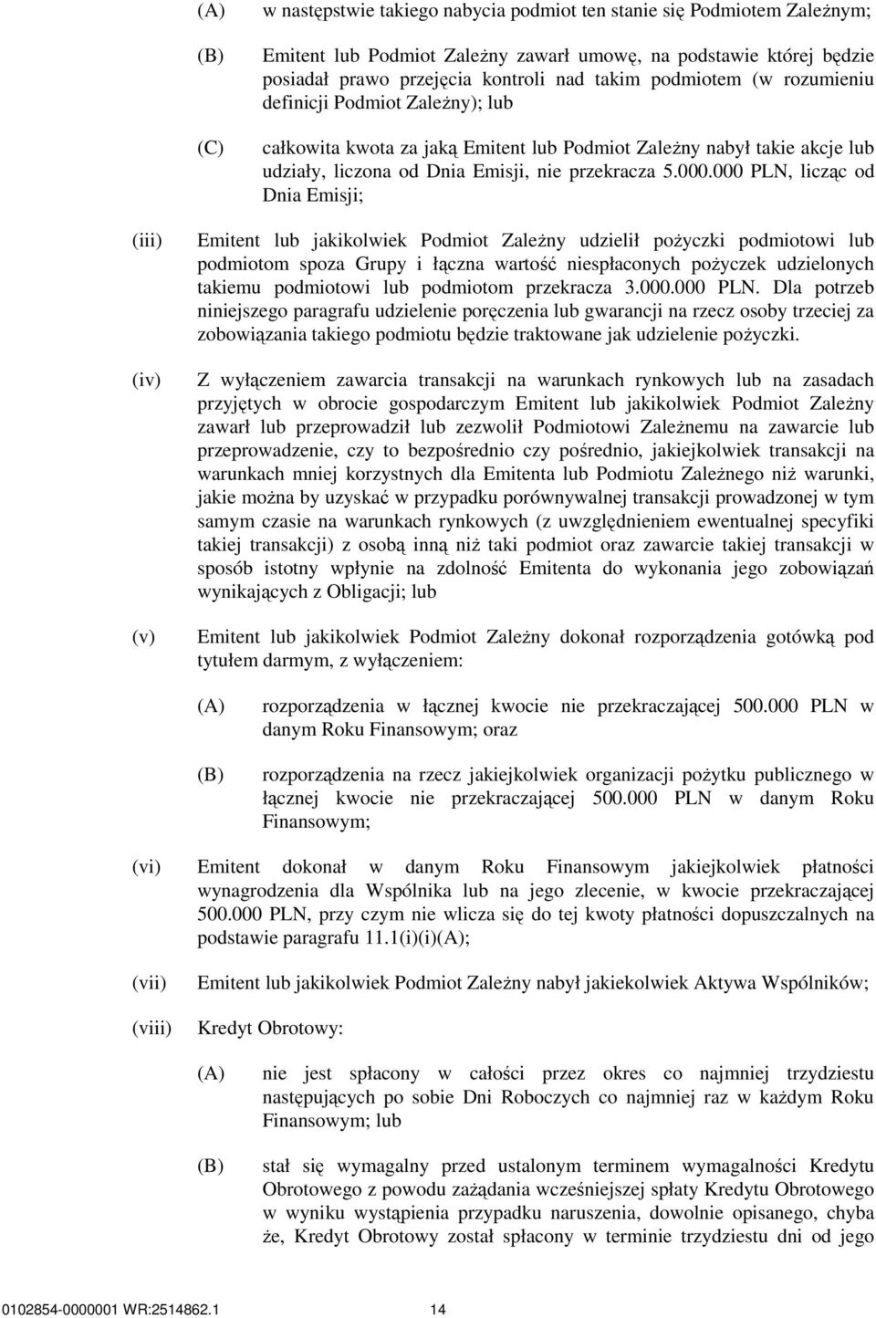 000 PLN, licząc od Dnia Emisji; (iii) (iv) (v) Emitent lub jakikolwiek Podmiot ZaleŜny udzielił poŝyczki podmiotowi lub podmiotom spoza Grupy i łączna wartość niespłaconych poŝyczek udzielonych