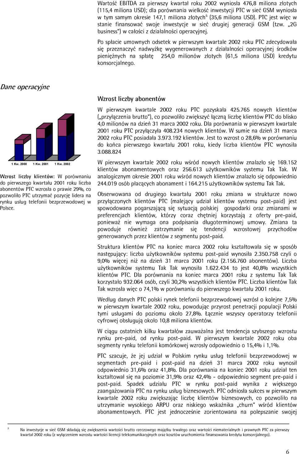 Po spłacie umownych odsetek w pierwszym kwartale 2002 roku PTC zdecydowała się przeznaczyć nadwyżkę wygenerowanych z działalności operacyjnej środków pieniężnych na spłatę 254,0 milionów złotych