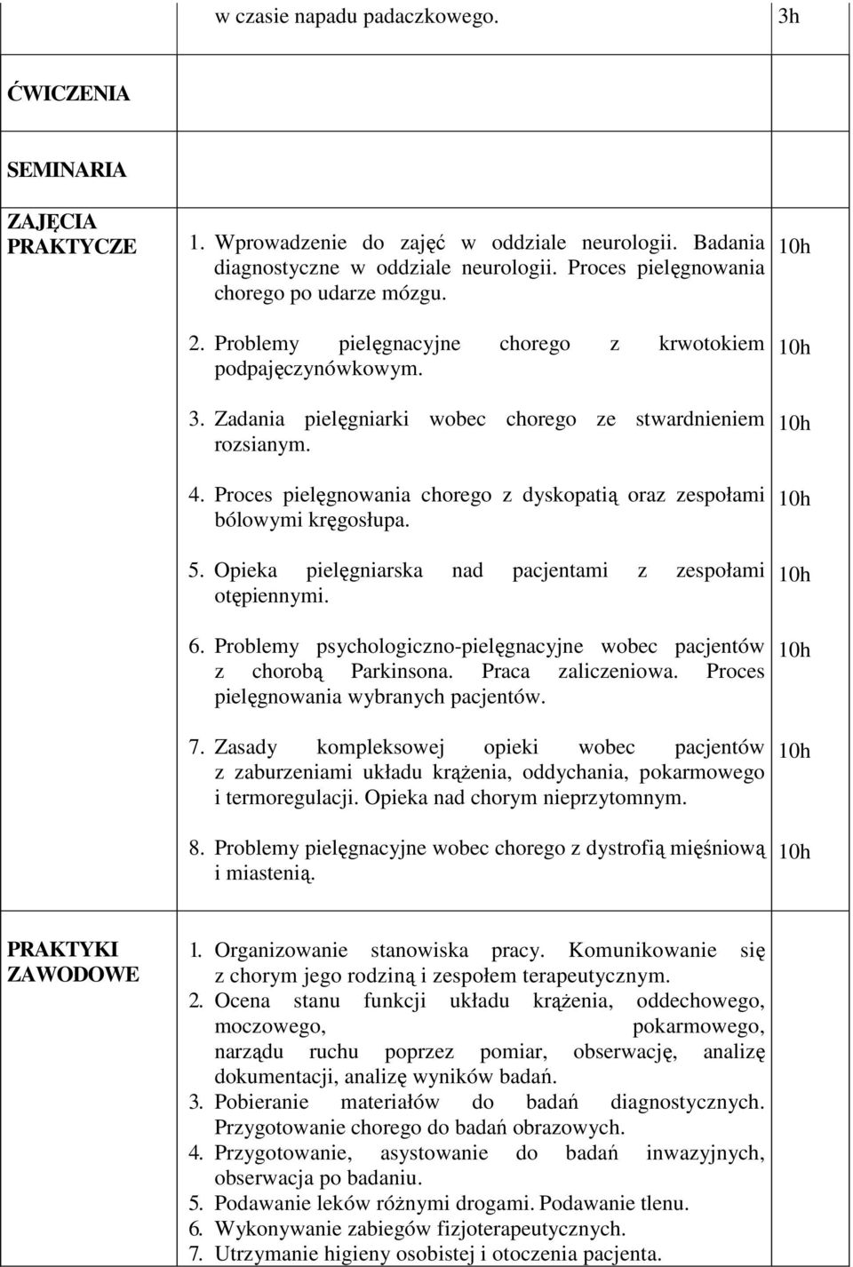 Proces pielęgnowania chorego z dyskopatią oraz zespołami bólowymi kręgosłupa. 5. Opieka pielęgniarska nad pacjentami z zespołami otępiennymi. 6.