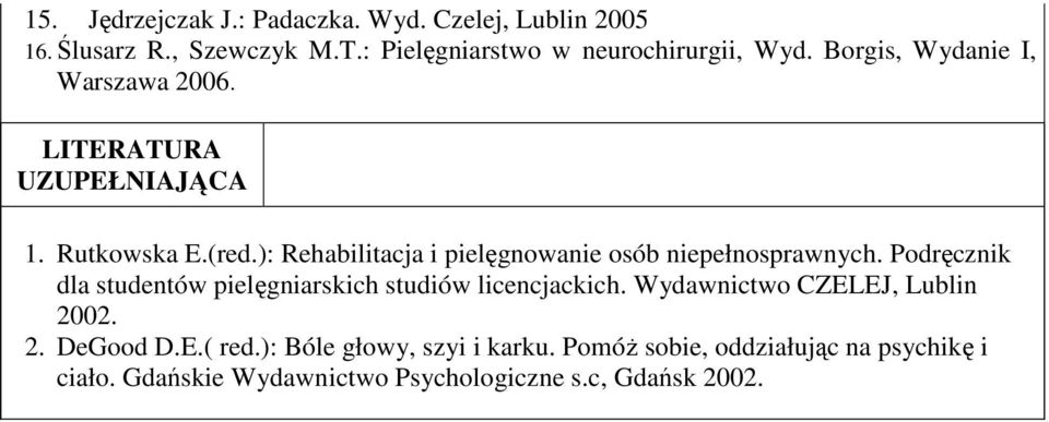 ): Rehabilitacja i pielęgnowanie osób niepełnosprawnych. Podręcznik dla studentów pielęgniarskich studiów licencjackich.