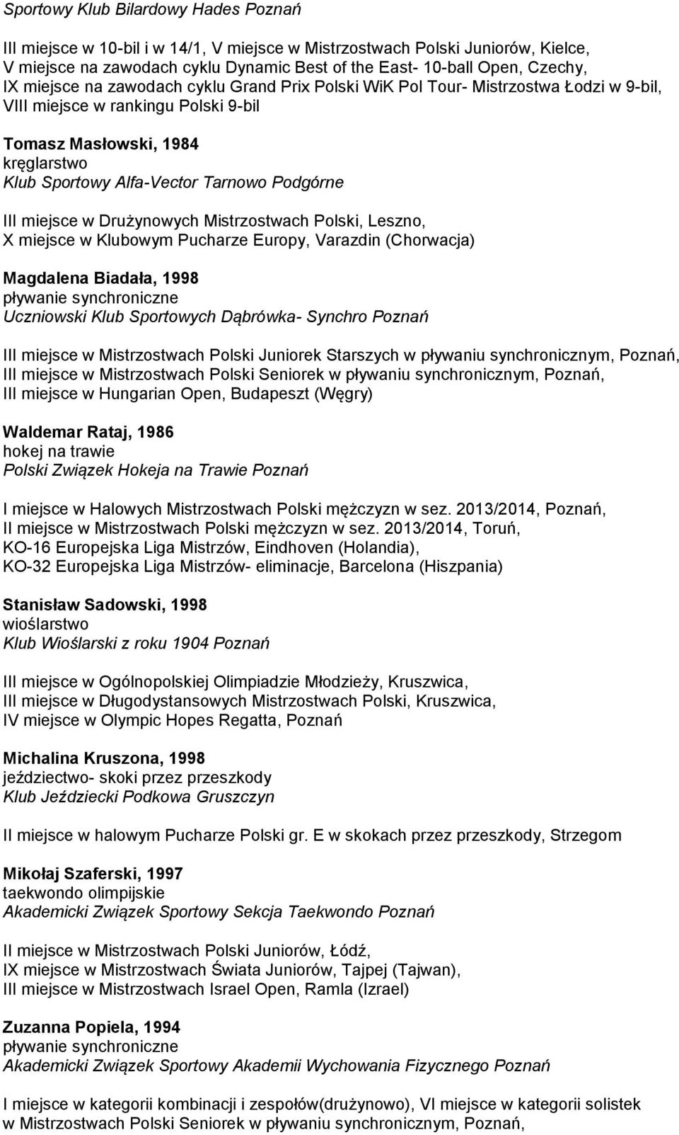 III miejsce w Drużynowych Mistrzostwach Polski, Leszno, X miejsce w Klubowym Pucharze Europy, Varazdin (Chorwacja) Magdalena Biadała, 1998 synchroniczne Uczniowski Klub Sportowych Dąbrówka- Synchro