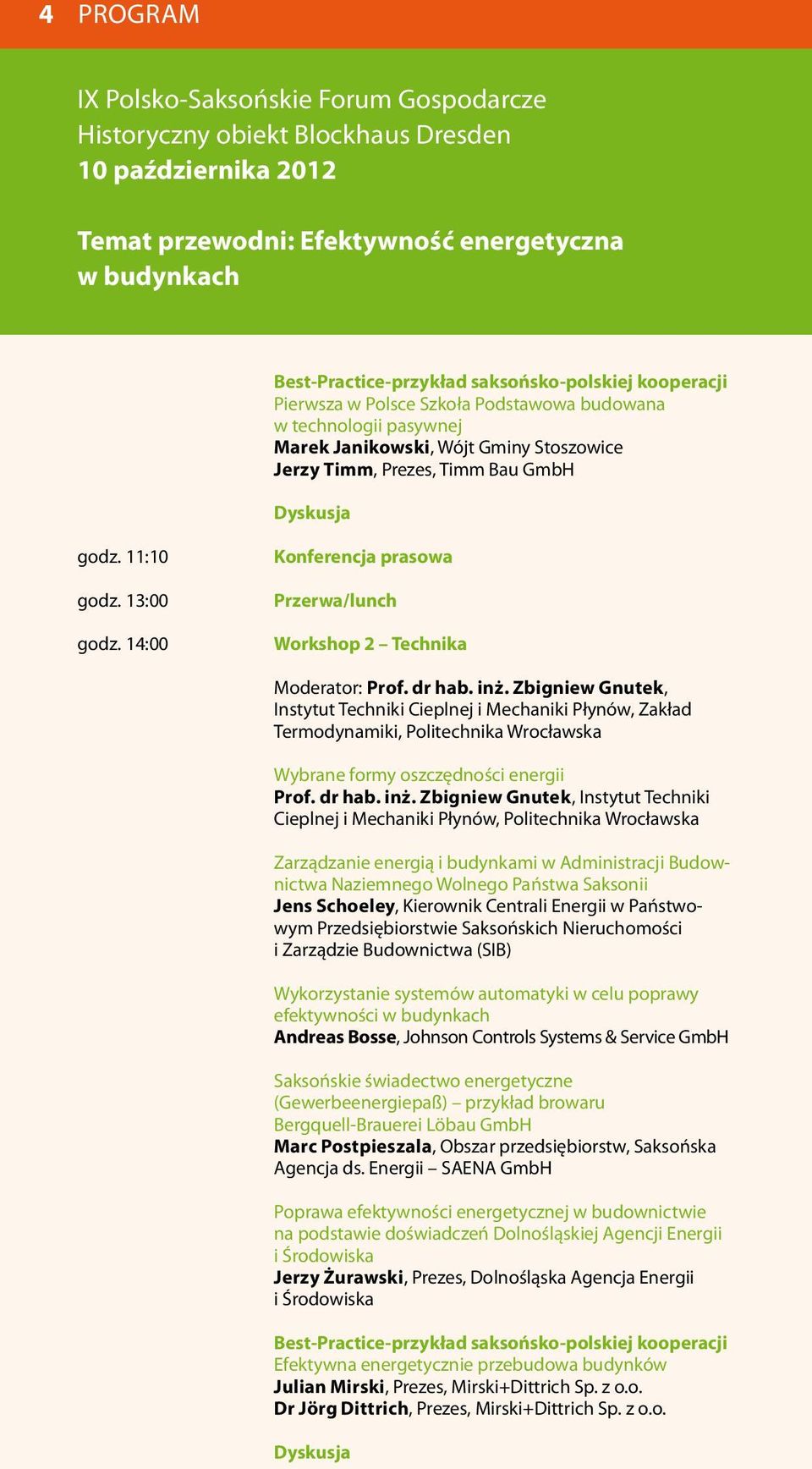 14:00 Konferencja prasowa Przerwa/lunch Workshop 2 Technika Moderator: Prof. dr hab. inż.