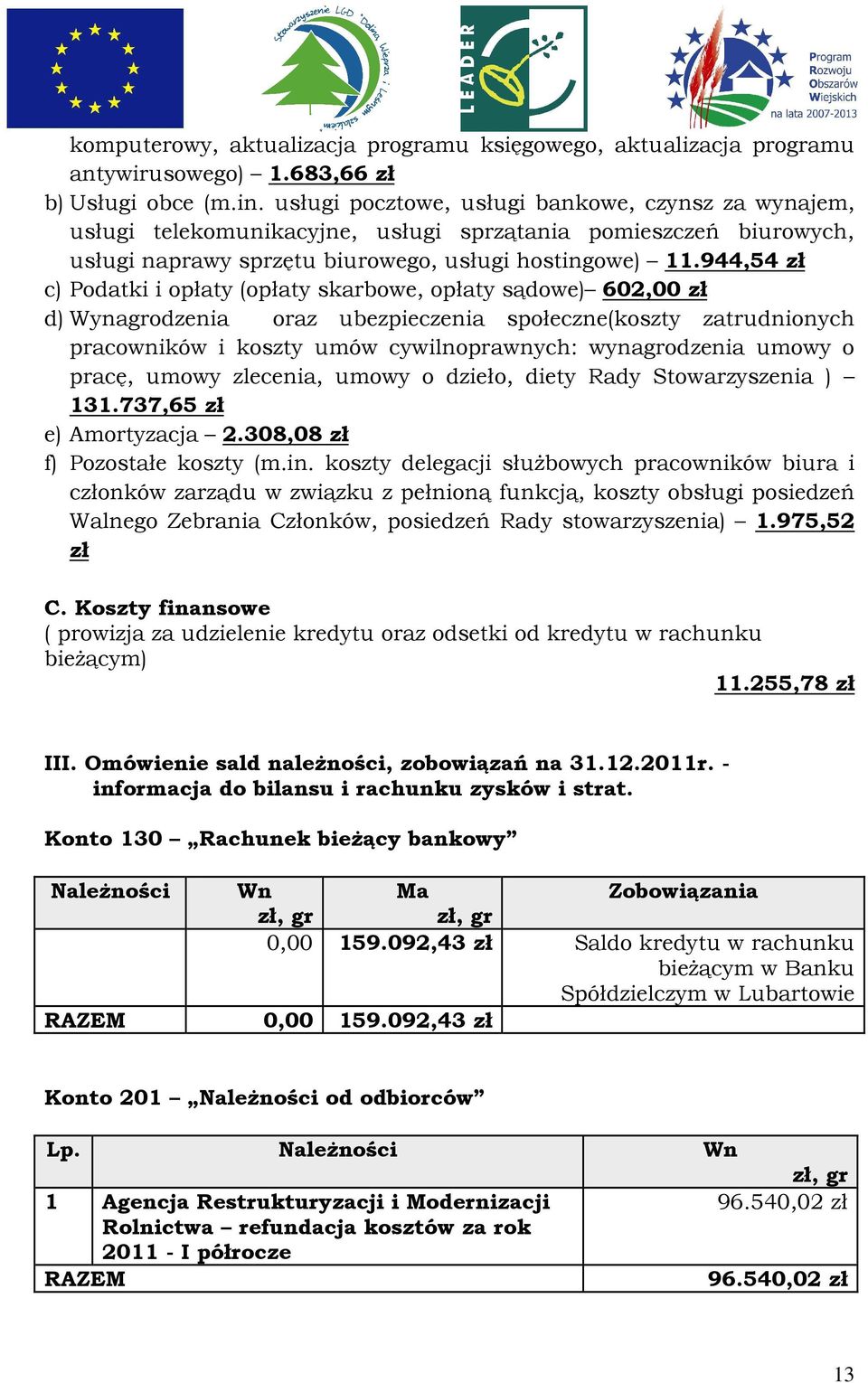 944,54 zł c) Podatki i opłaty (opłaty skarbowe, opłaty sądowe) 602,00 zł d) Wynagrodzenia oraz ubezpieczenia społeczne(koszty zatrudnionych pracowników i koszty umów cywilnoprawnych: wynagrodzenia