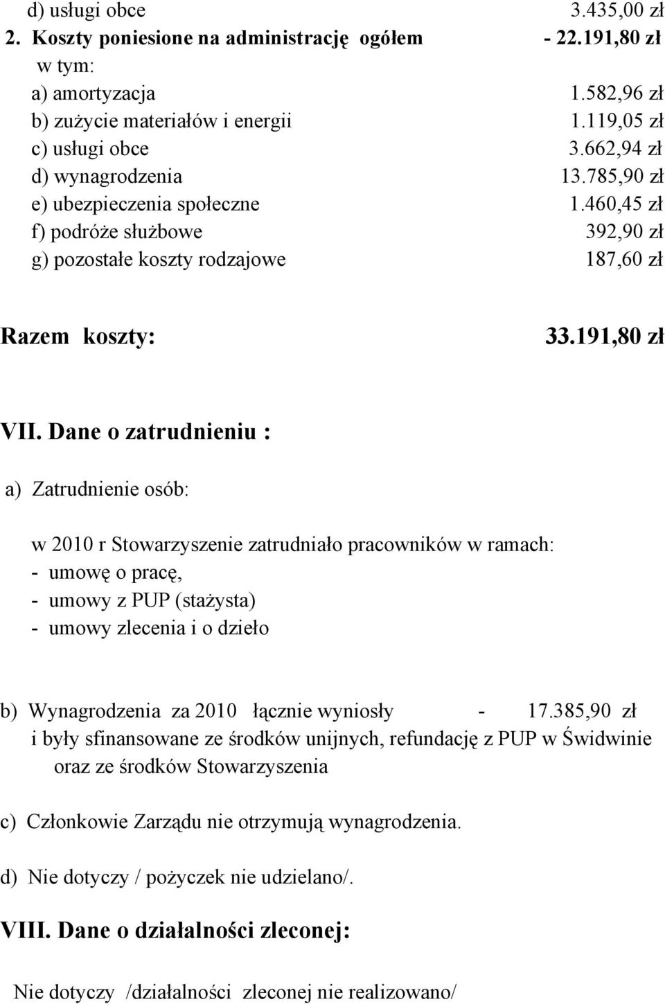 Dane o zatrudnieniu : a) Zatrudnienie osób: w 2010 r Stowarzyszenie zatrudniało pracowników w ramach: - umowę o pracę, - umowy z PUP (stażysta) - umowy zlecenia i o dzieło b) Wynagrodzenia za 2010