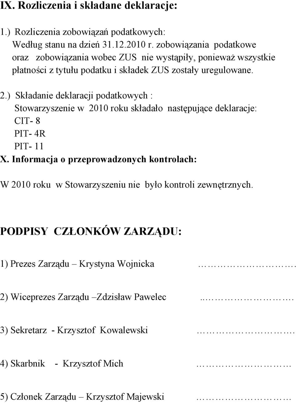 ) Składanie deklaracji podatkowych : Stowarzyszenie w 2010 roku składało następujące deklaracje: CIT- 8 PIT- 4R PIT- 11 X.