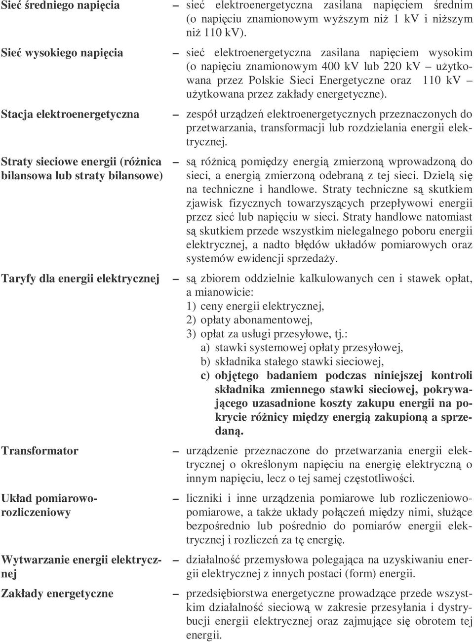 sie elektroenergetyczna zasilana napiciem wysokim (o napiciu znamionowym 400 kv lub 220 kv uytkowana przez Polskie Sieci Energetyczne oraz 110 kv uytkowana przez zakłady energetyczne).