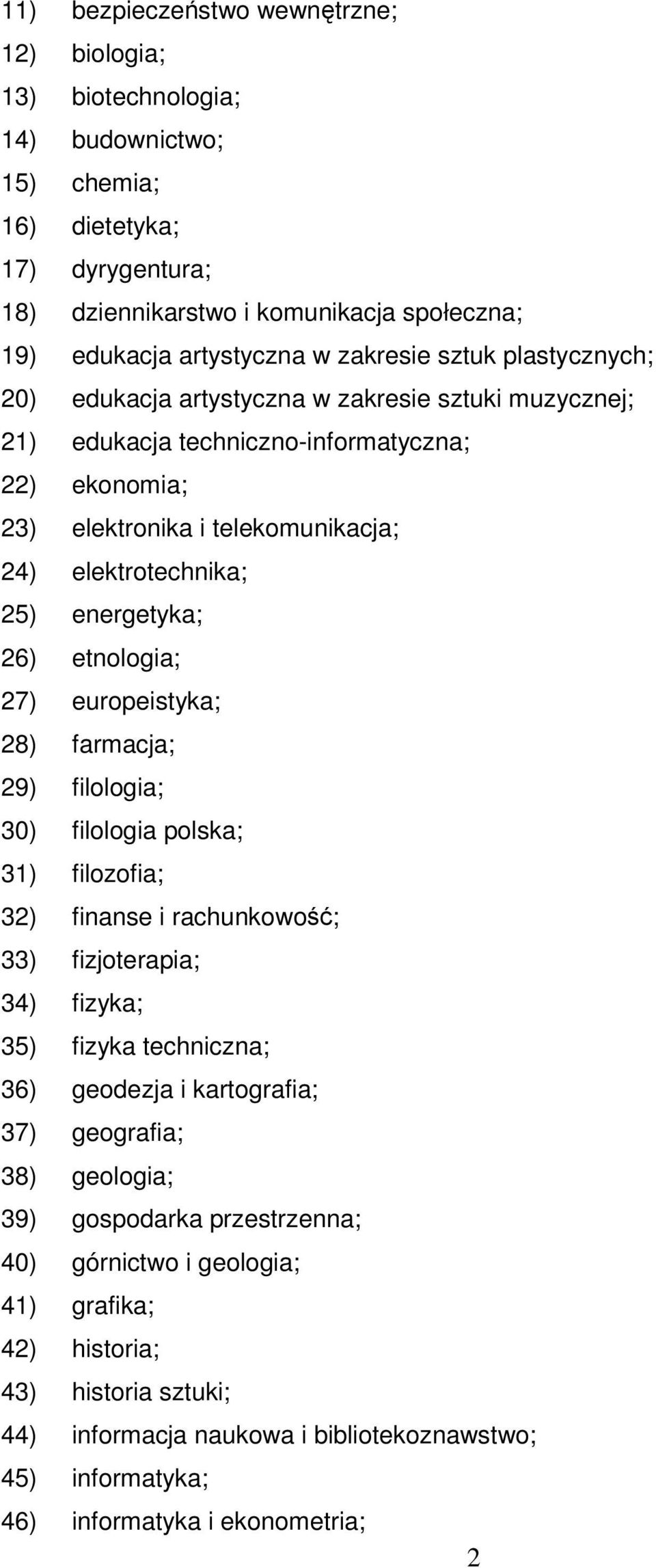 energetyka; 26) etnologia; 27) europeistyka; 28) farmacja; 29) filologia; 30) filologia polska; 31) filozofia; 32) finanse i rachunkowo; 33) fizjoterapia; 34) fizyka; 35) fizyka techniczna; 36)