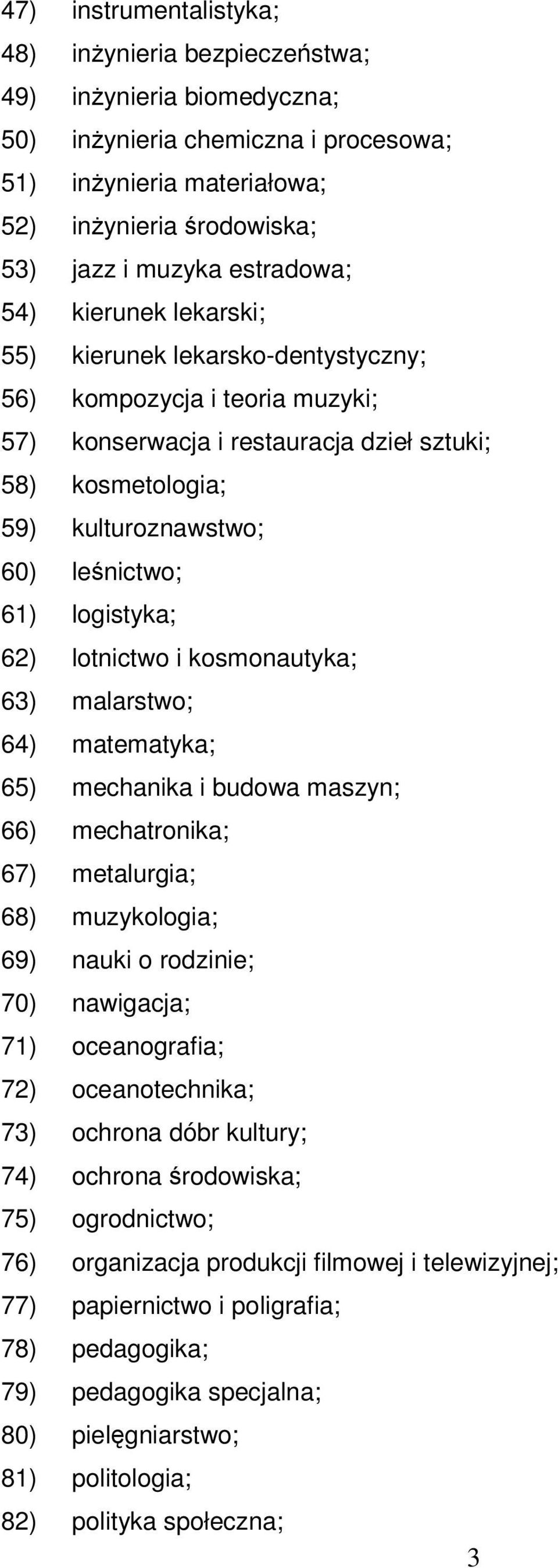 logistyka; 62) lotnictwo i kosmonautyka; 63) malarstwo; 64) matematyka; 65) mechanika i budowa maszyn; 66) mechatronika; 67) metalurgia; 68) muzykologia; 69) nauki o rodzinie; 70) nawigacja; 71)