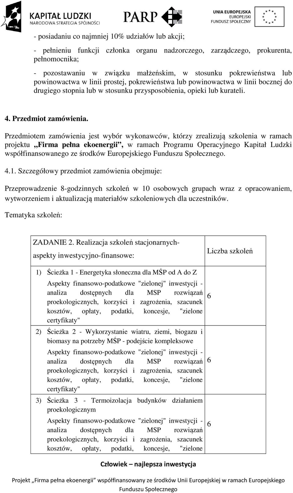 Przedmiotem zamówienia jest wybór wykonawców, którzy zrealizują szkolenia w ramach projektu Firma pełna ekoenergii, w ramach Programu Operacyjnego Kapitał Ludzki współfinansowanego ze środków