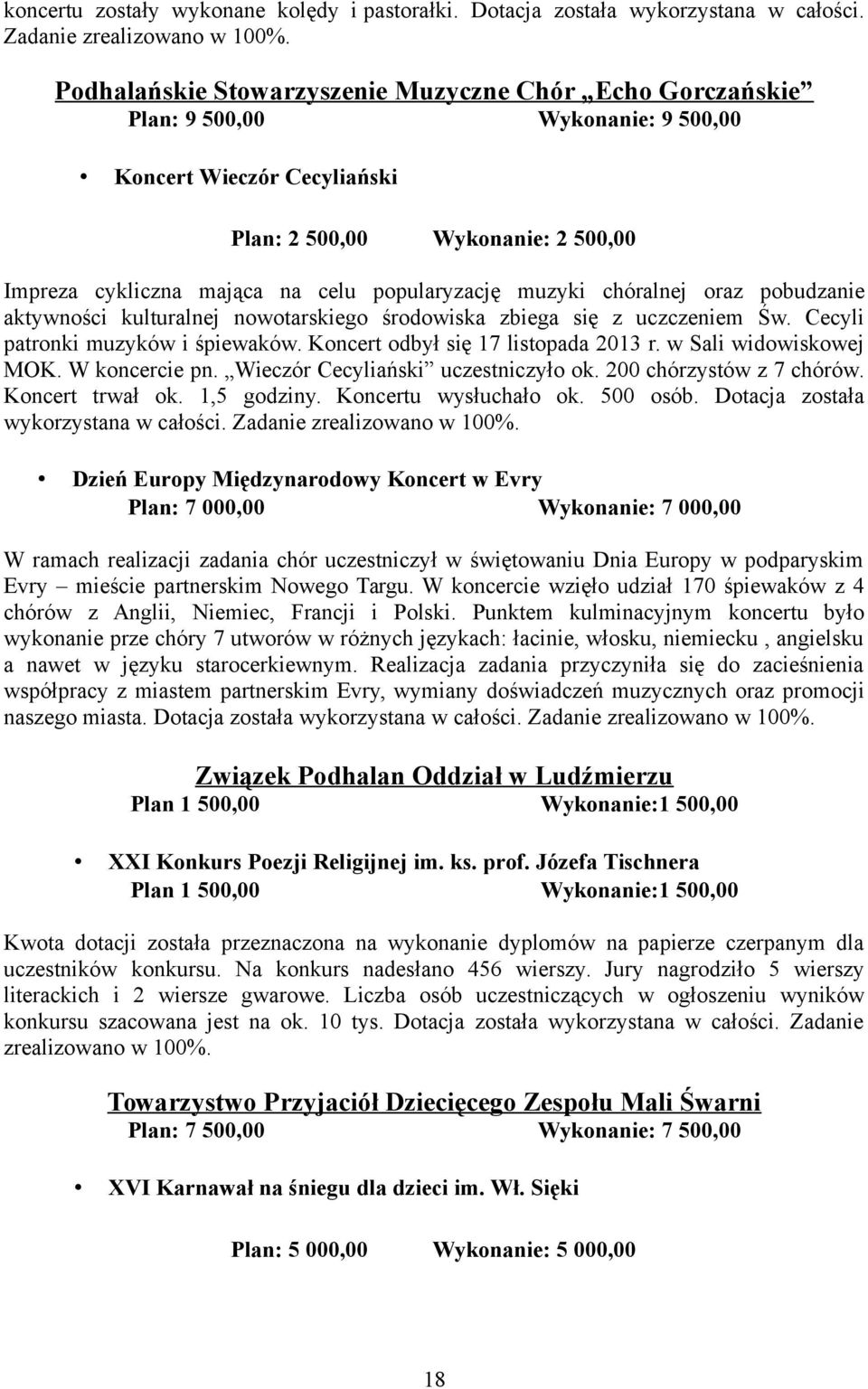 popularyzację muzyki chóralnej oraz pobudzanie aktywności kulturalnej nowotarskiego środowiska zbiega się z uczczeniem Św. Cecyli patronki muzyków i śpiewaków. Koncert odbył się 17 listopada 2013 r.