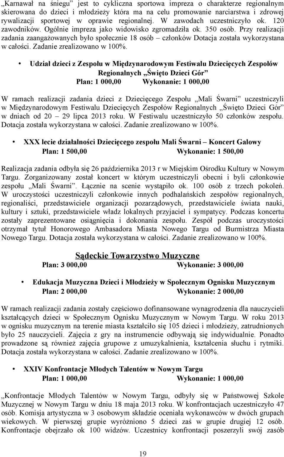 Przy realizacji zadania zaangażowanych było społecznie 18 osób członków Dotacja została wykorzystana w całości. Zadanie zrealizowano w 100%.