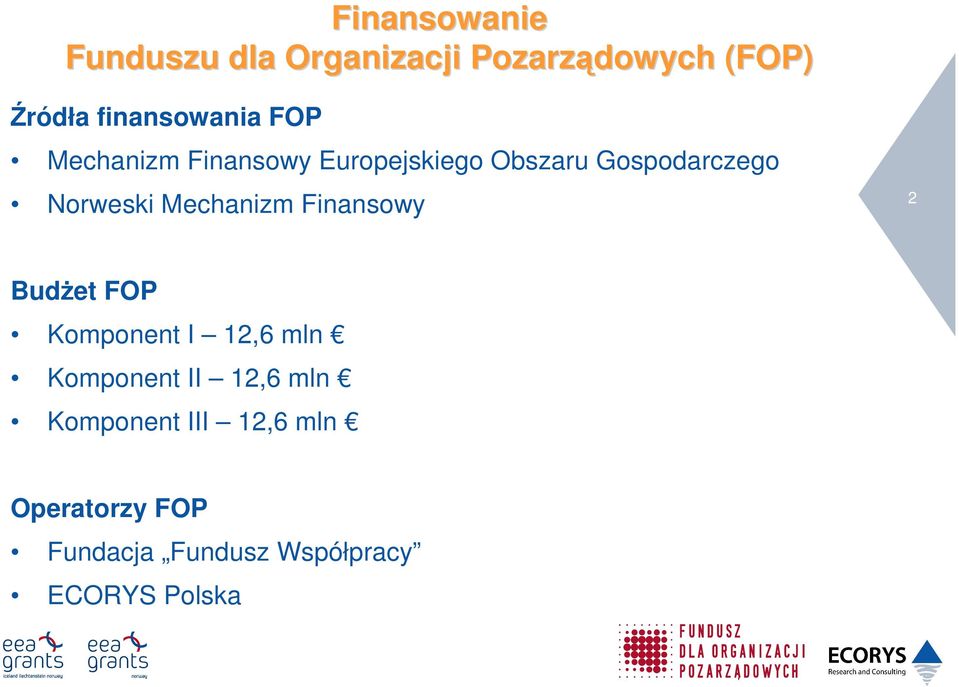 Norweski Mechanizm Finansowy 2 BudŜet FOP Komponent I 12,6 mln Komponent II