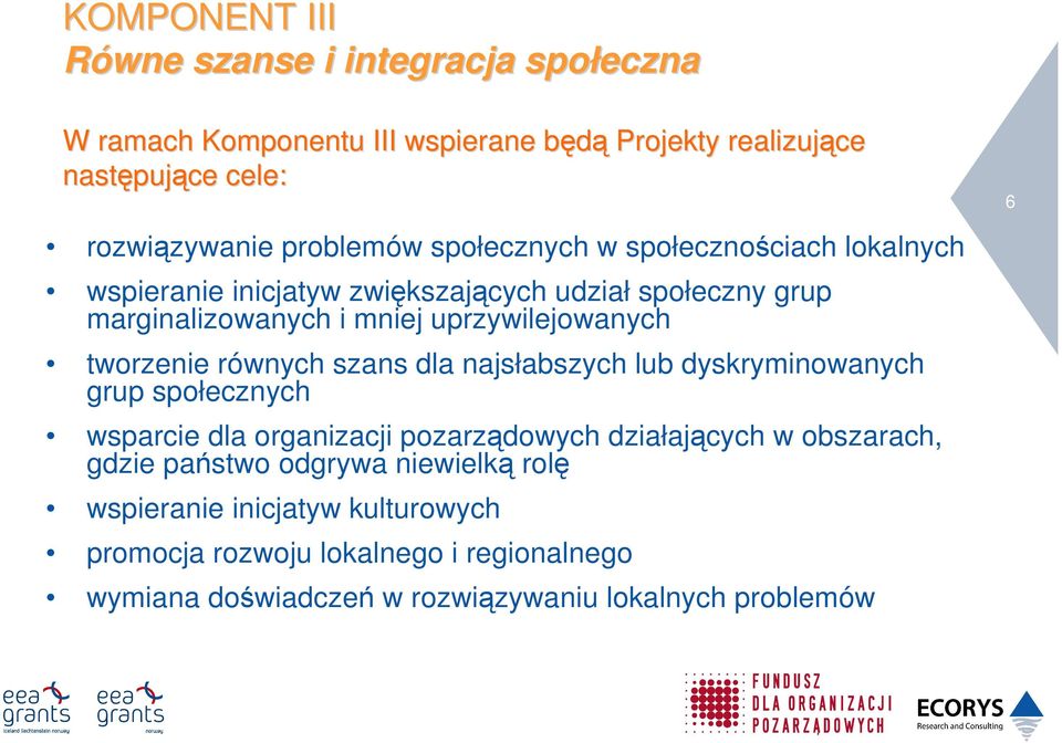 tworzenie równych szans dla najsłabszych lub dyskryminowanych grup społecznych wsparcie dla organizacji pozarządowych działających w obszarach, gdzie