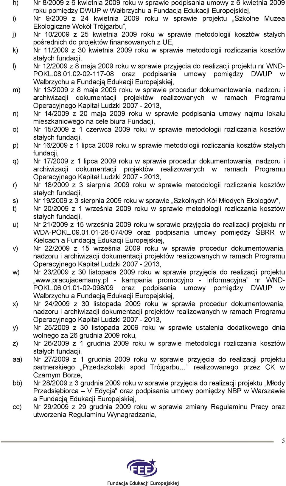 2009 roku w sprawie metodologii rozliczania kosztów l) Nr 12/2009 z 8 maja 2009 roku w sprawie przyjęcia do realizacji projektu nr WND- POKL.08.01.