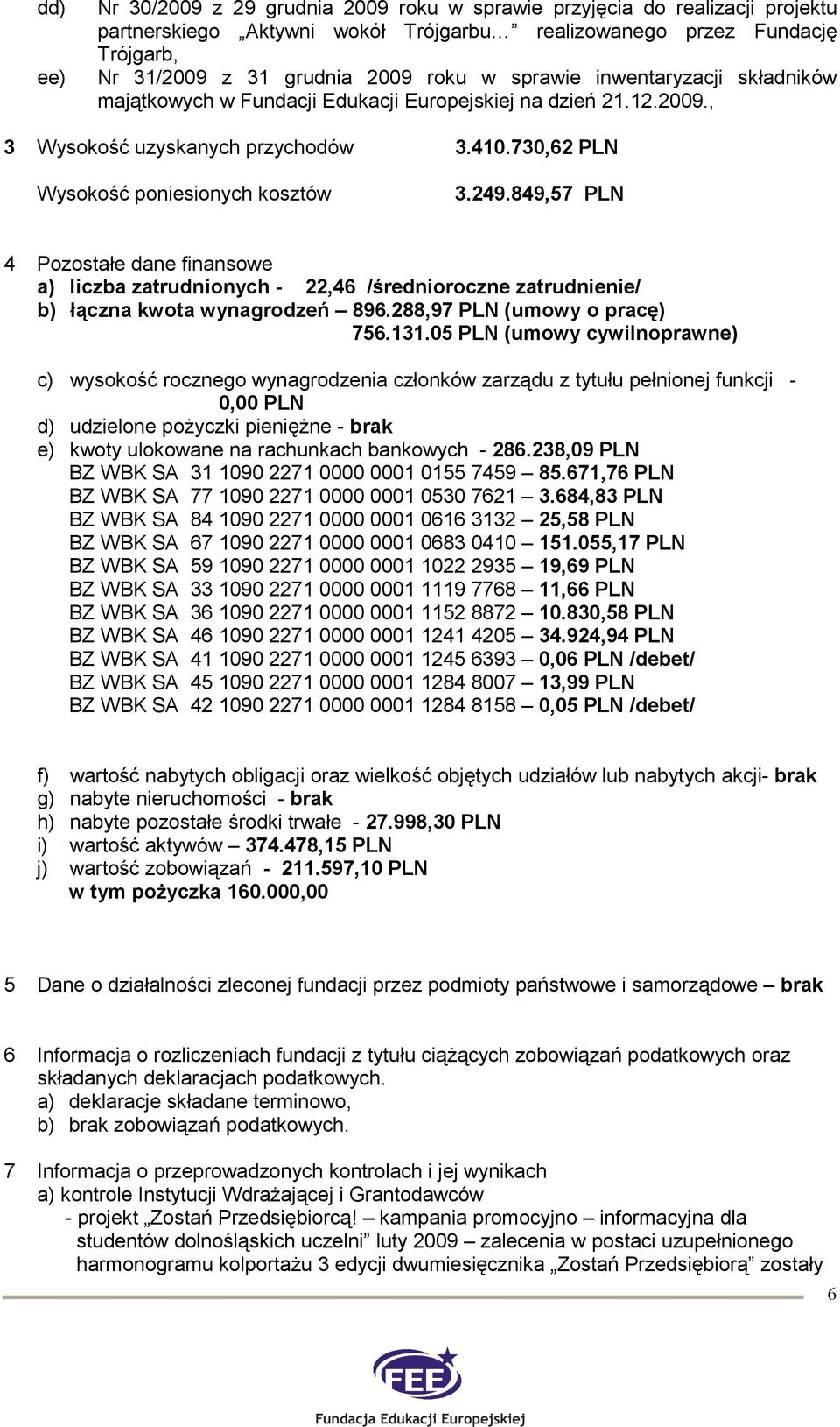 849,57 PLN 4 Pozostałe dane finansowe a) liczba zatrudnionych - 22,46 /średnioroczne zatrudnienie/ b) łączna kwota wynagrodzeń 896.288,97 PLN (umowy o pracę) 756.131.