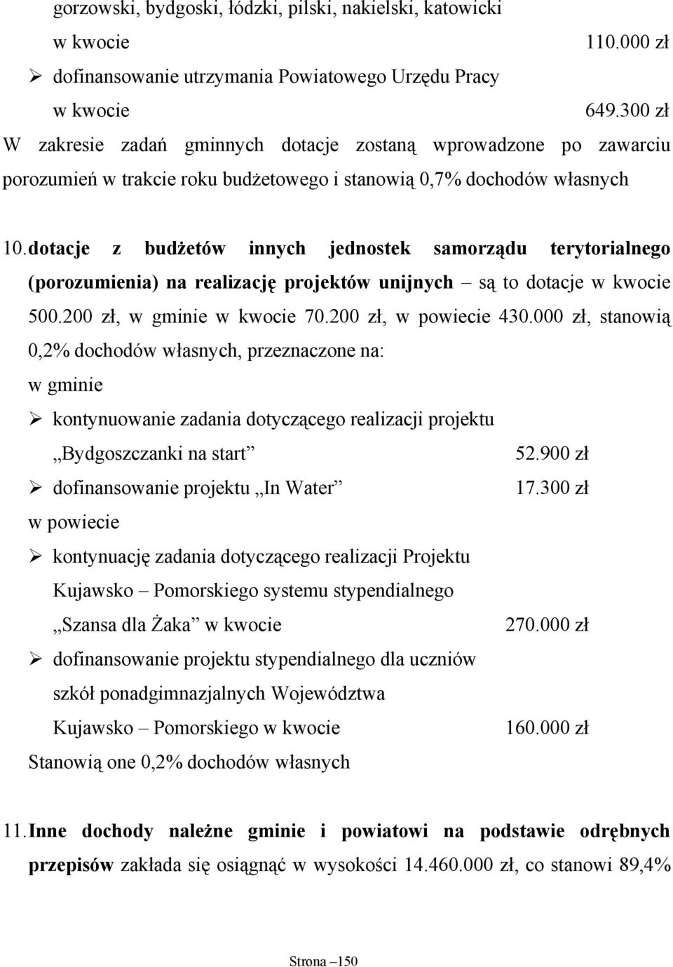dotacje z budżetów innych jednostek samorządu terytorialnego (porozumienia) na realizację projektów unijnych są to dotacje w kwocie 500.200 zł, w gminie w kwocie 70.200 zł, w powiecie 430.