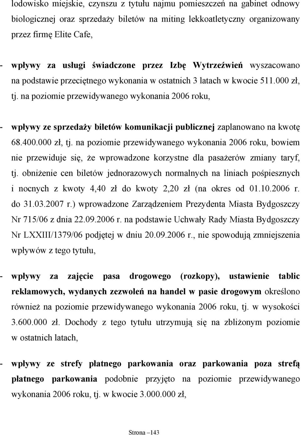 na poziomie przewidywanego wykonania 2006 roku, - wpływy ze sprzedaży biletów komunikacji publicznej zaplanowano na kwotę 68.400.000 zł, tj.