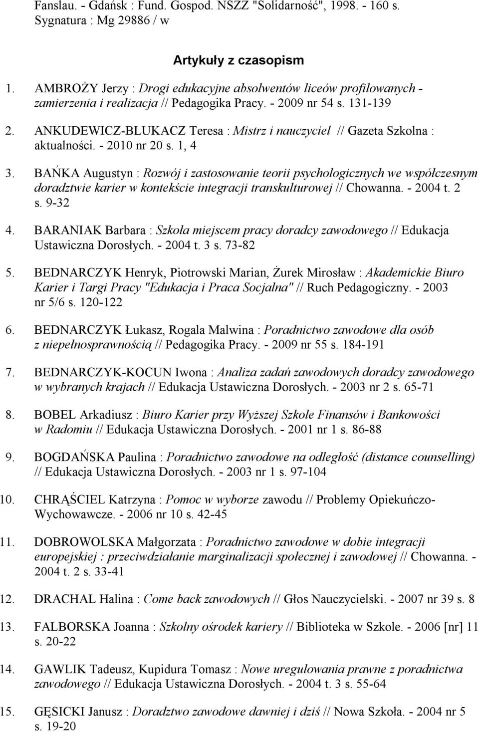 ANKUDEWICZ-BLUKACZ Teresa : Mistrz i nauczyciel // Gazeta Szkolna : aktualności. - 2010 nr 20 s. 1, 4 3.