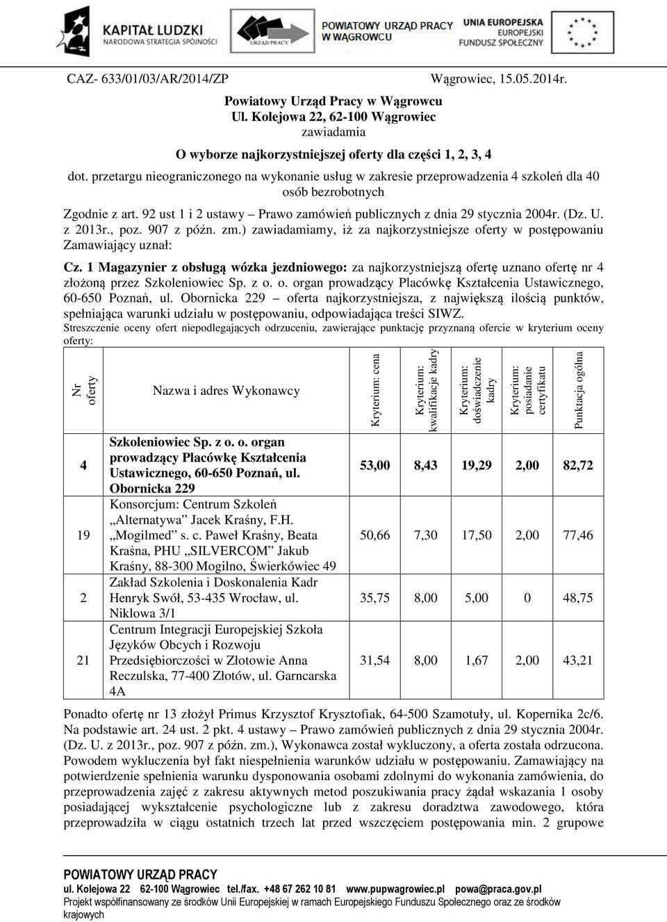 U. z 2013r., poz. 907 z późn. zm.) zawiadamiamy, iż za najkorzystniejsze w postępowaniu Zamawiający uznał: Cz.