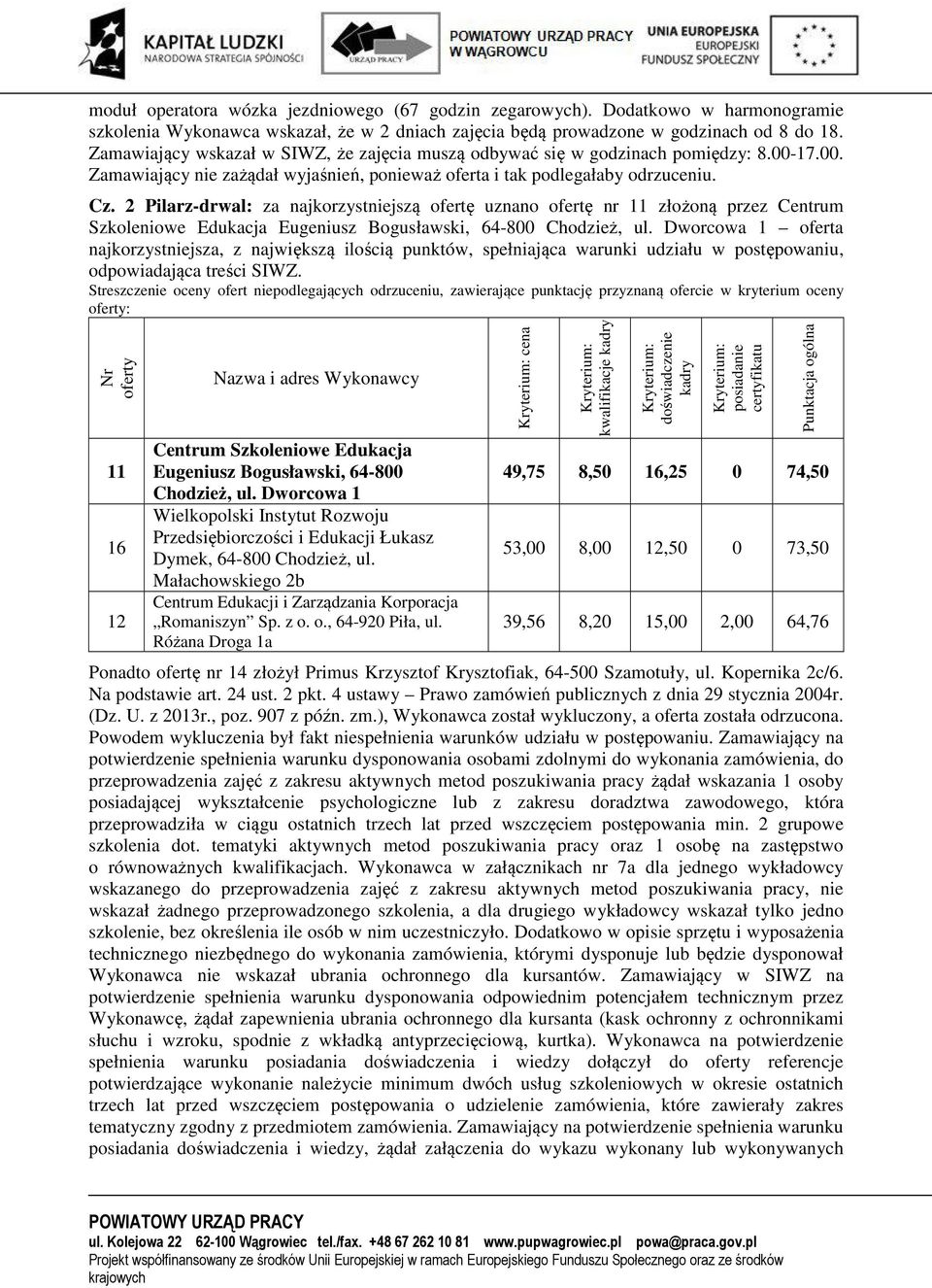 2 Pilarz-drwal: za najkorzystniejszą ofertę uznano ofertę nr 11 złożoną przez Centrum Szkoleniowe Edukacja Eugeniusz Bogusławski, 64-800 Chodzież, ul.