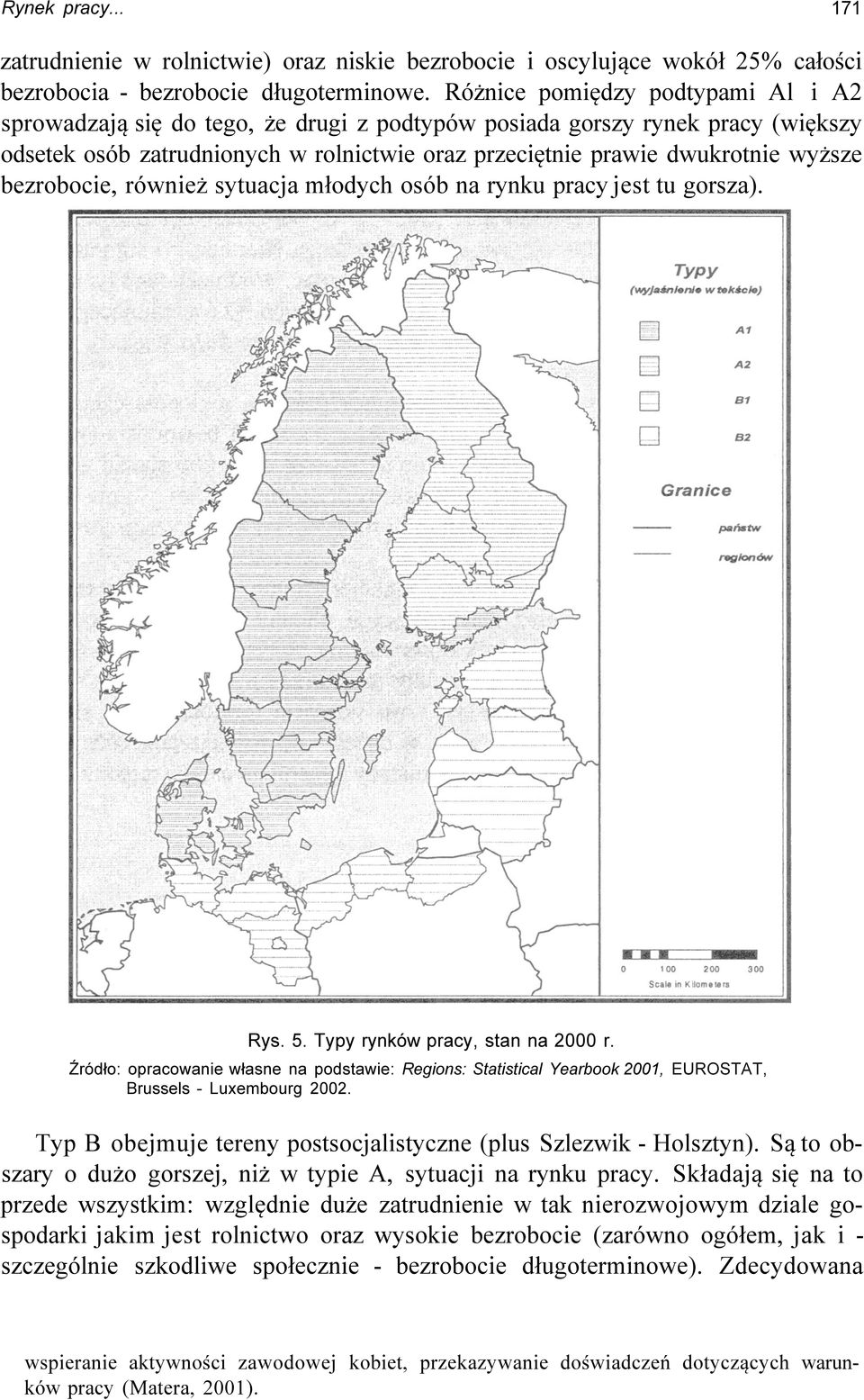 bezrobocie, również sytuacja młodych osób na rynku pracy jest tu gorsza). Rys. 5. Typy rynków pracy, stan na 2000 r.