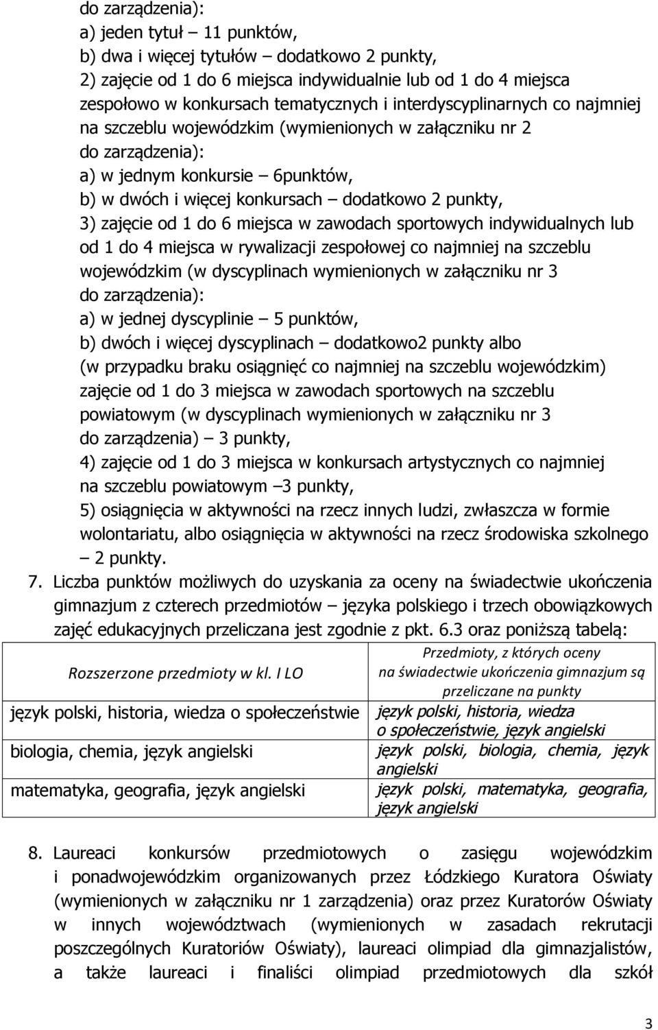 od 1 do 6 miejsca w zawodach sportowych indywidualnych lub od 1 do 4 miejsca w rywalizacji zespołowej co najmniej na szczeblu wojewódzkim (w dyscyplinach wymienionych w załączniku nr 3 do