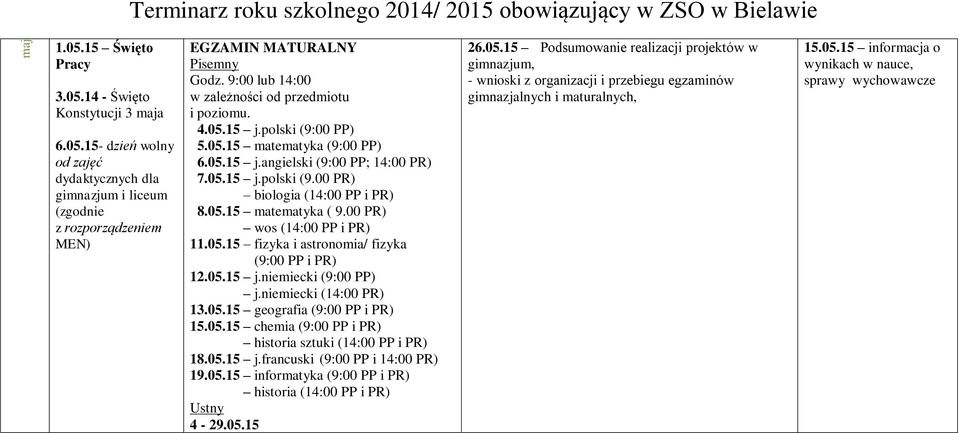 05.15 j.niemiecki (9:00 PP) j.niemiecki (14:00 PR) 13.05.15 geografia (9:00 PP i PR) 15.05.15 chemia (9:00 PP i PR) historia sztuki (14:00 PP i PR) 18.05.15 j.francuski (9:00 PP i 14:00 PR) 19.05.15 informatyka (9:00 PP i PR) historia (14:00 PP i PR) Ustny 4-29.