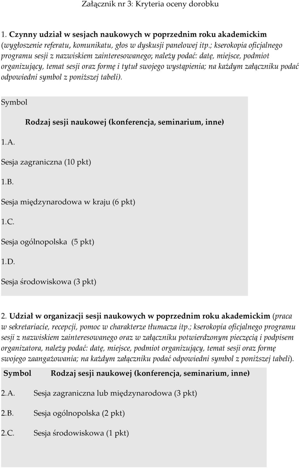 podać odpowiedni symbol z poniższej tabeli). Rodzaj sesji naukowej (konferencja, seminarium, inne) 1.A. Sesja zagraniczna (10 pkt) 1.B. Sesja międzynarodowa w kraju (6 pkt) 1.C.