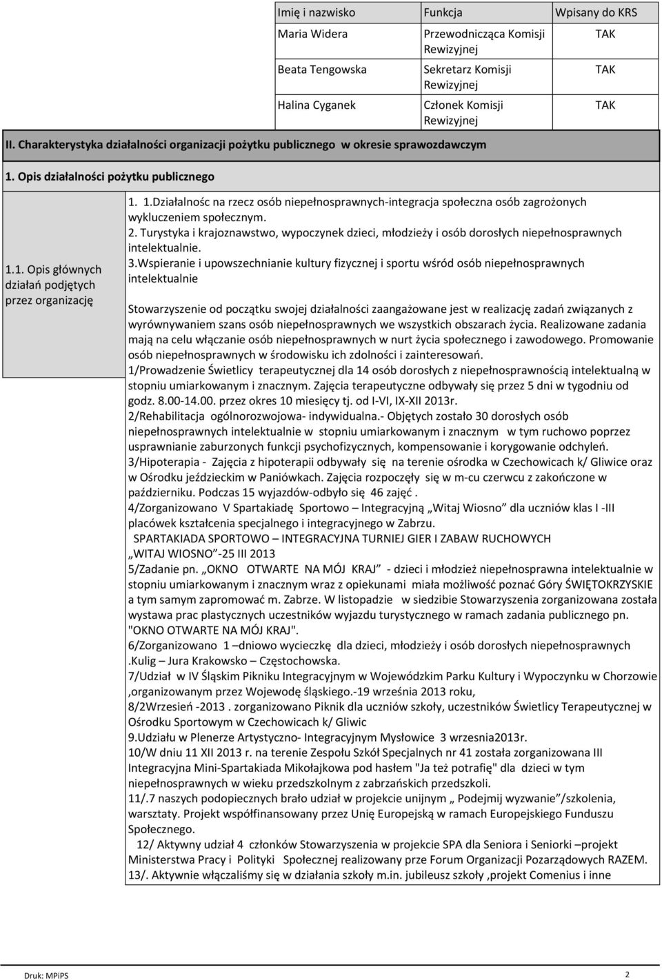 2. Turystyka i krajoznawstwo, wypoczynek dzieci, młodzieży i osób dorosłych niepełnosprawnych intelektualnie. 3.
