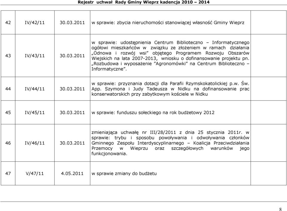 2011 w sprawie: udostępnienia Centrum Biblioteczno Informatycznego ogółowi mieszkańców w związku ze złożeniem w ramach działania Odnowa i rozwój wsi objętego Programem Rozwoju Obszarów Wiejskich na