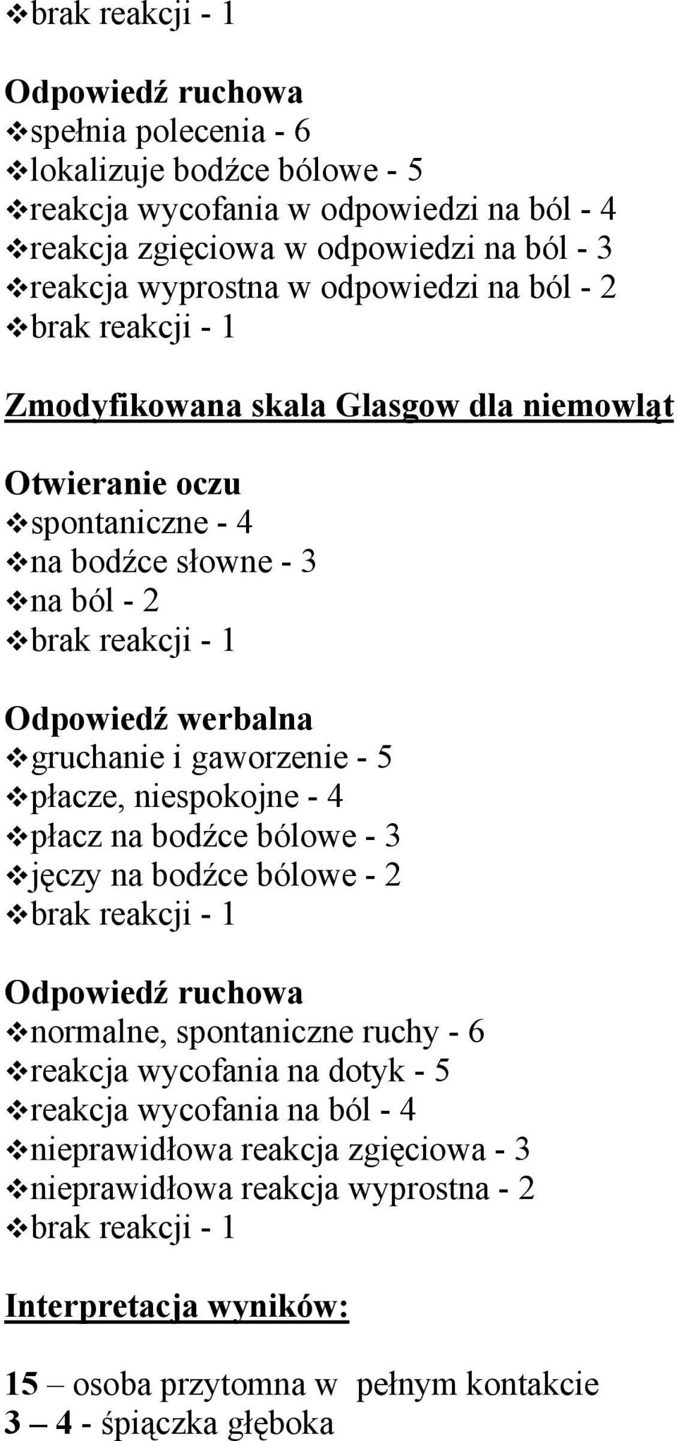 5 płacze, niespokojne - 4 płacz na bodźce bólowe - 3 jęczy na bodźce bólowe - 2 Odpowiedź ruchowa normalne, spontaniczne ruchy - 6 reakcja wycofania na dotyk - 5 reakcja