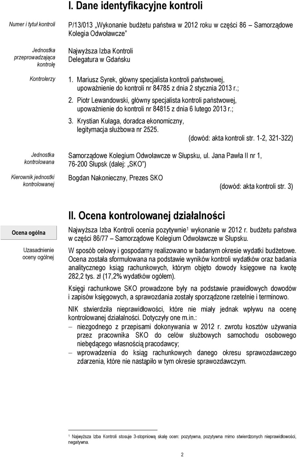 Mariusz Syrek, główny specjalista kontroli państwowej, upoważnienie do kontroli nr 84785 z dnia 2 stycznia 2013 r.; 2.
