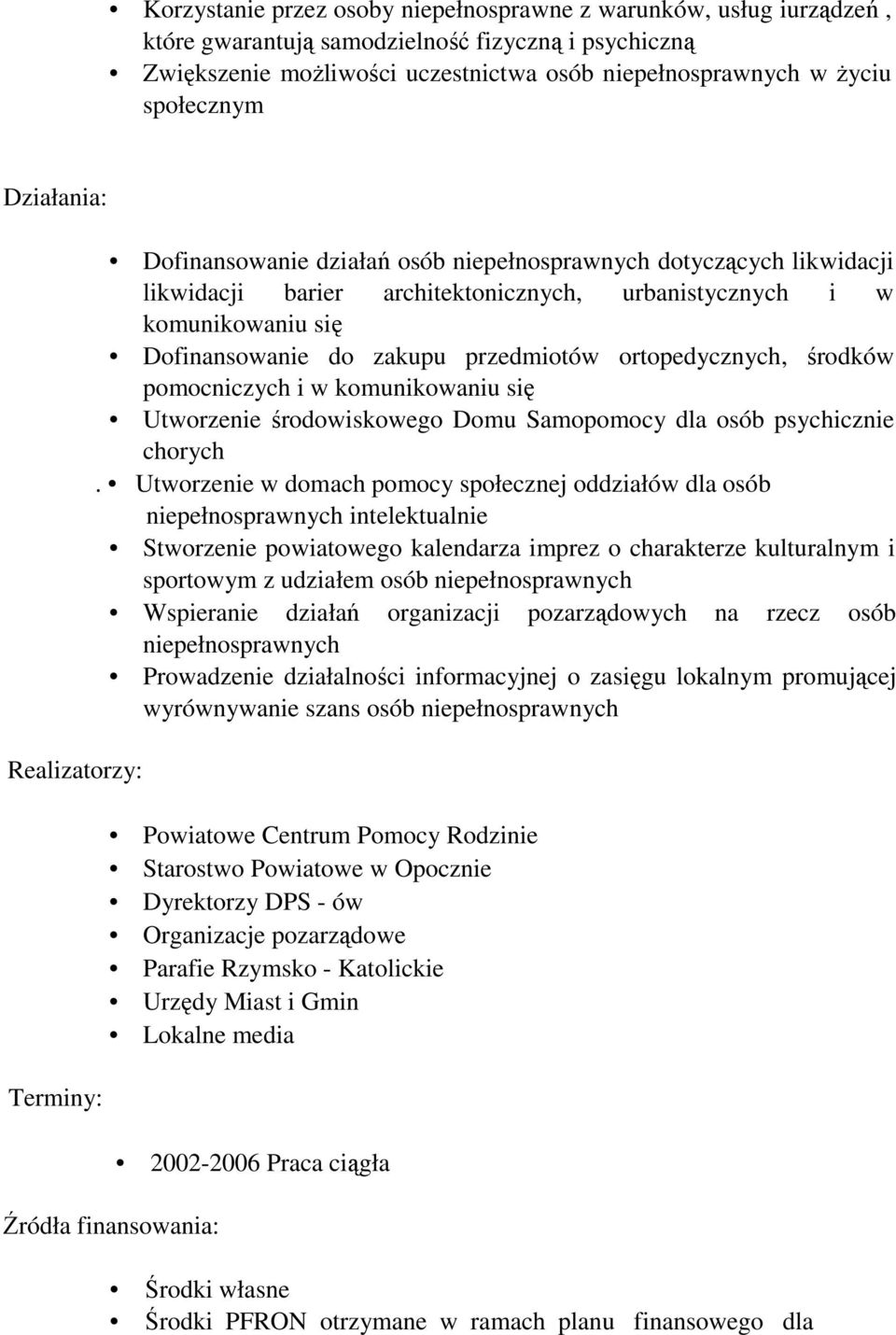 przedmiotów ortopedycznych, środków pomocniczych i w komunikowaniu się Utworzenie środowiskowego Domu Samopomocy dla osób psychicznie chorych.