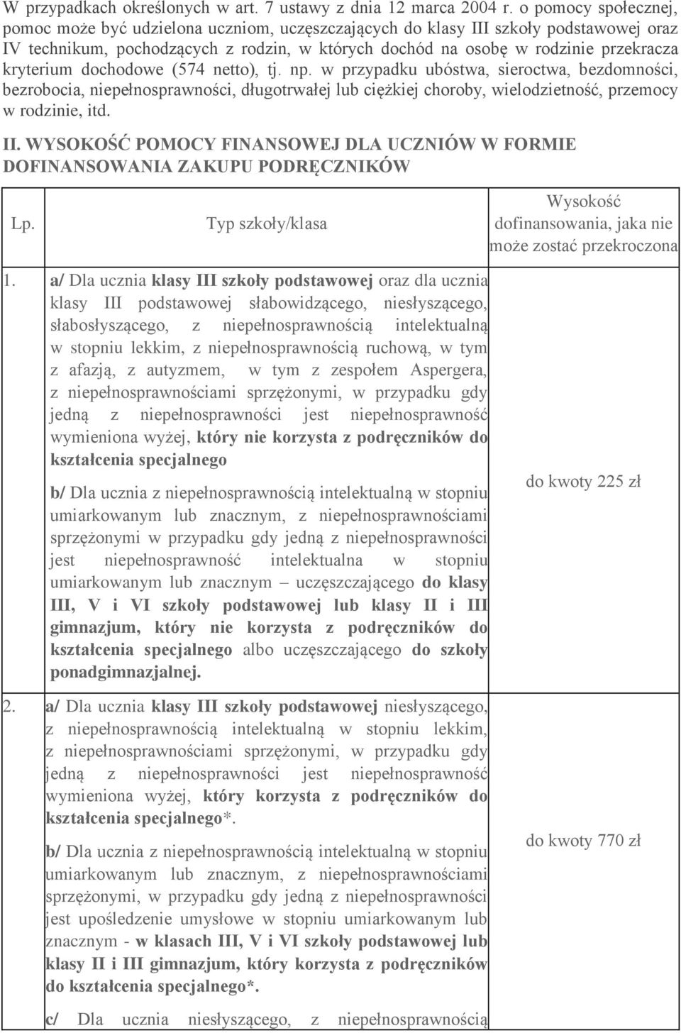 kryterium dochodowe (574 netto), tj. np. w przypadku ubóstwa, sieroctwa, bezdomności, bezrobocia, niepełnosprawności, długotrwałej lub ciężkiej choroby, wielodzietność, przemocy w rodzinie, itd. II.