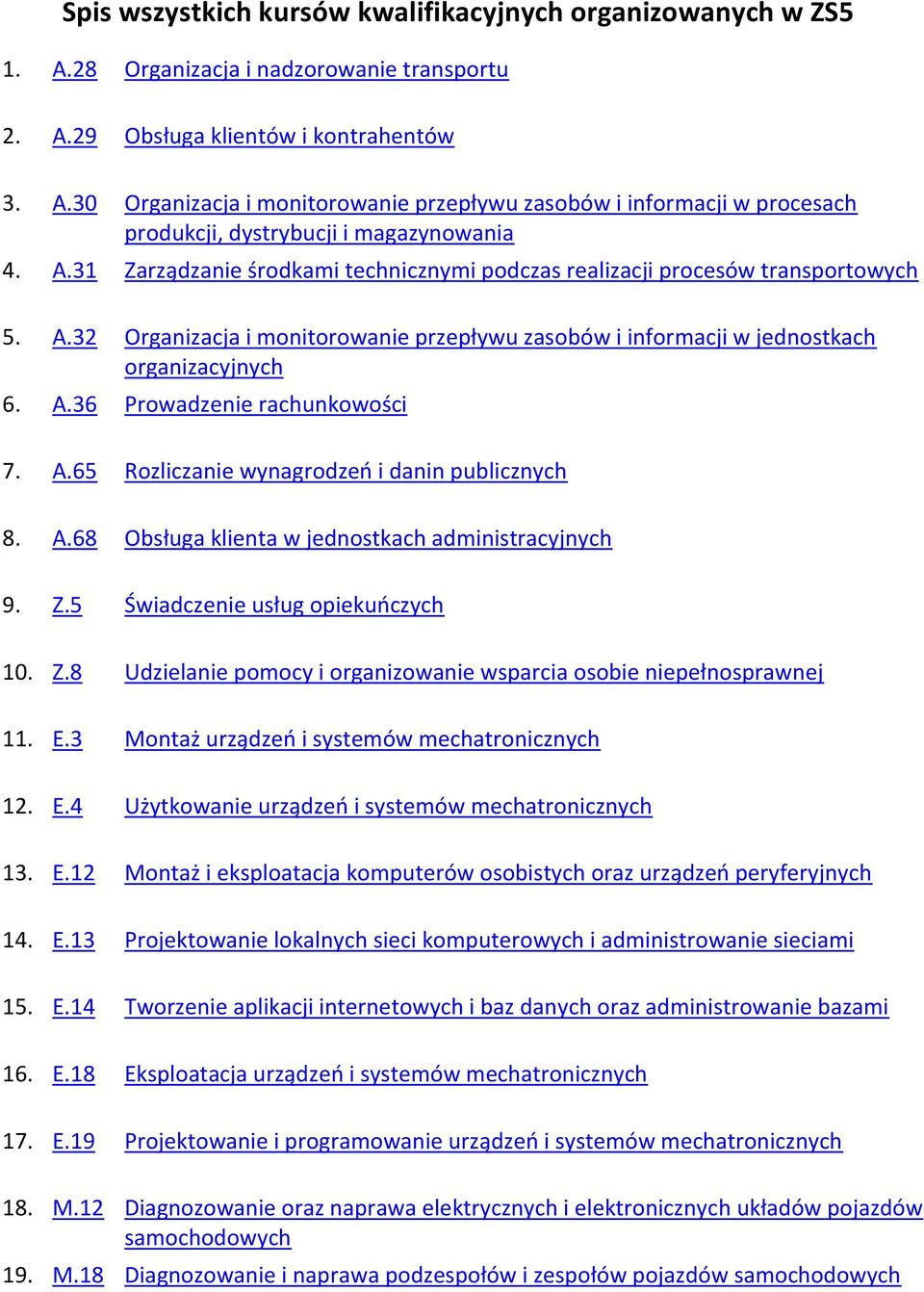 A.65 Rozliczanie wynagrodzeń i danin publicznych 8. A.68 Obsługa klienta w jednostkach administracyjnych 9. Z.5 Świadczenie usług opiekuńczych 0. Z.8 Udzielanie pomocy i organizowanie wsparcia osobie niepełnosprawnej.