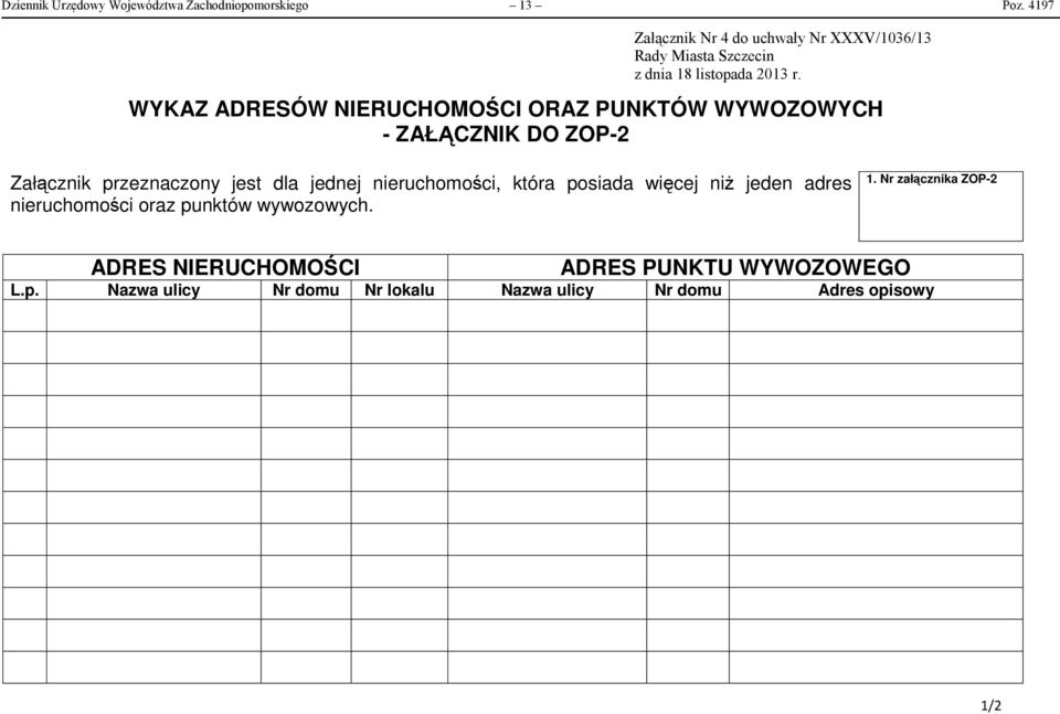 WYKAZ ADRESÓW NIERUCHOMOŚCI ORAZ PUNKTÓW WYWOZOWYCH - ZAŁĄCZNIK DO ZOP-2 Załącznik przeznaczony jest dla jednej