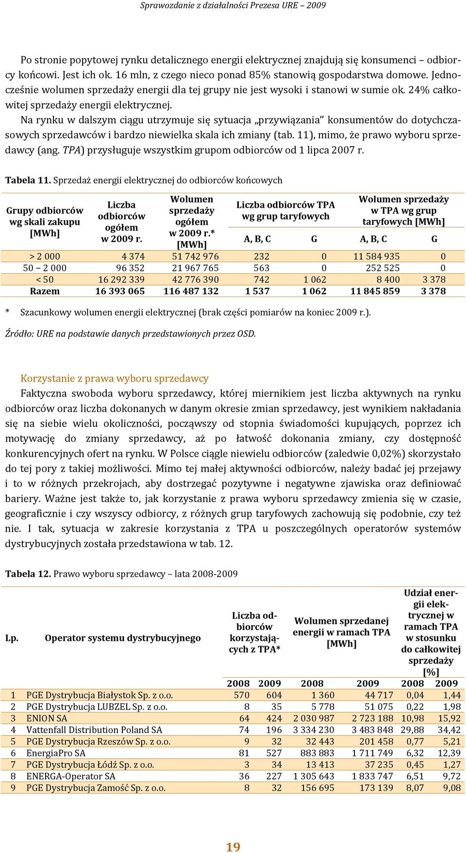Na rynku w dalszym ciągu utrzymuje się sytuacja przywiązania konsumentów do dotychczasowych sprzedawców i bardzo niewielka skala ich zmiany (tab. 11), mimo, że prawo wyboru sprzedawcy (ang.