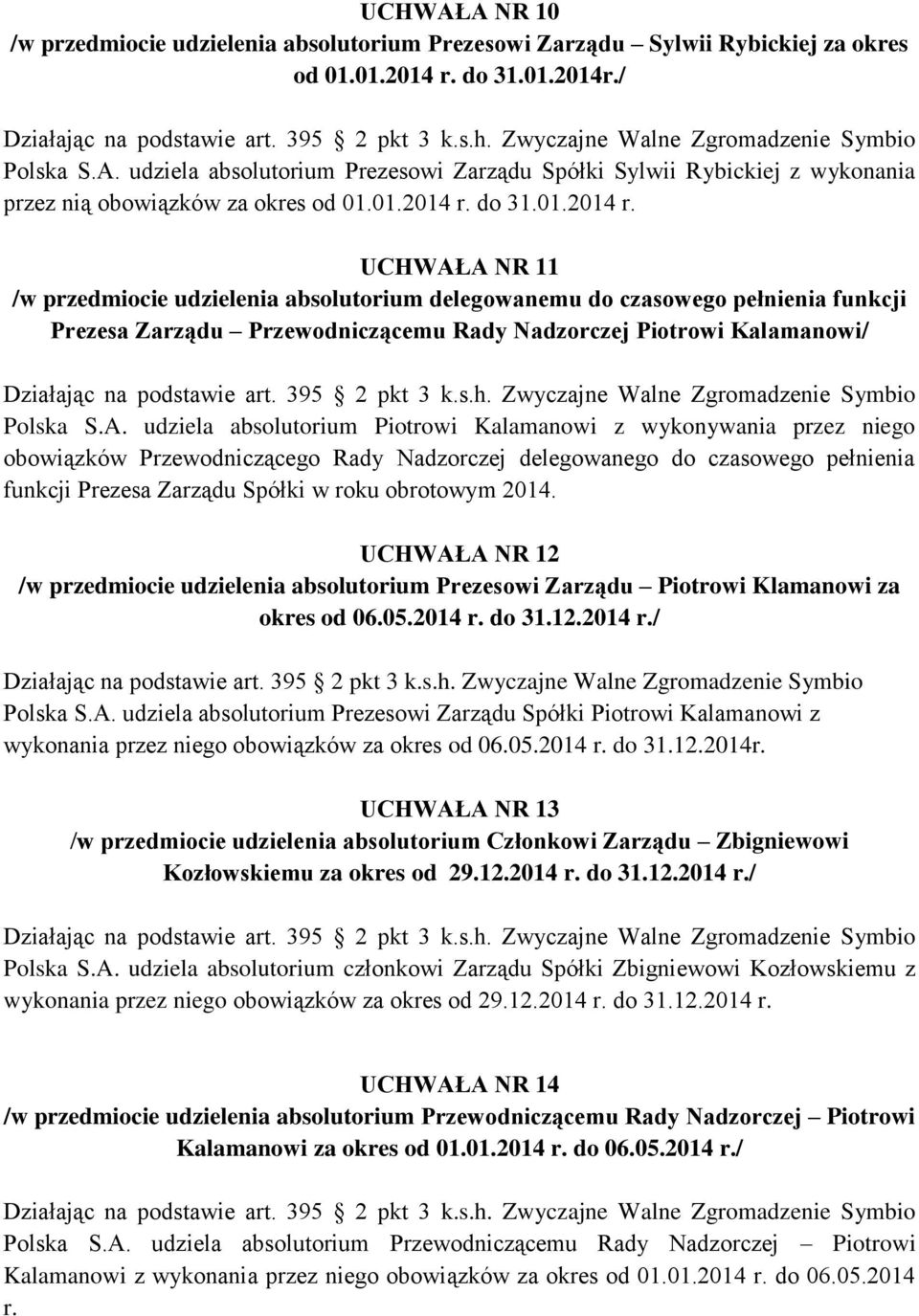 A. udziela absolutorium Piotrowi Kalamanowi z wykonywania przez niego obowiązków Przewodniczącego Rady Nadzorczej delegowanego do czasowego pełnienia funkcji Prezesa Zarządu Spółki w roku obrotowym