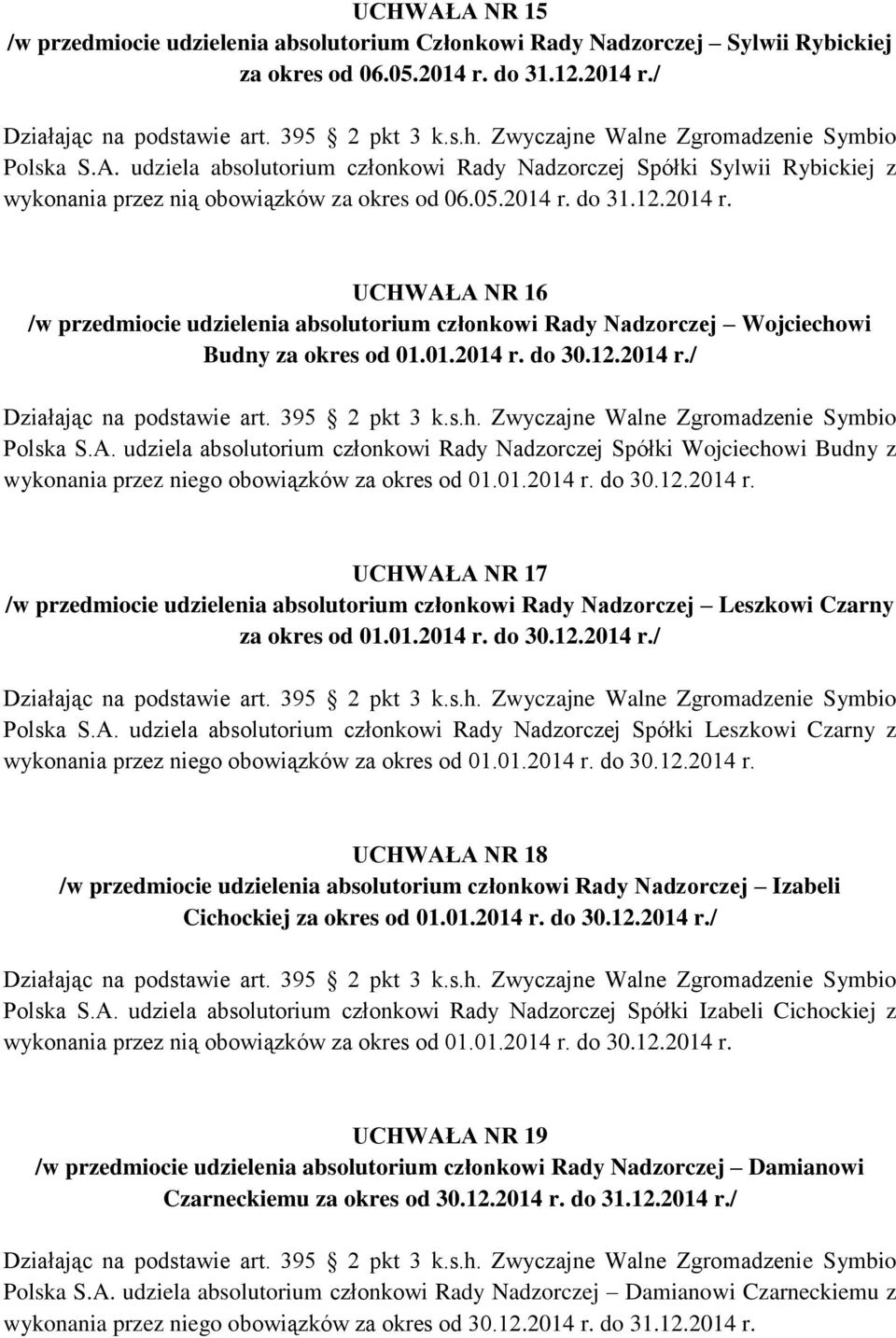 01.2014 r. do 30.12.2014 r. UCHWAŁA NR 17 /w przedmiocie udzielenia absolutorium członkowi Rady Nadzorczej Leszkowi Czarny za okres od 01.01.2014 r. do 30.12.2014 r./ Polska S.A. udziela absolutorium członkowi Rady Nadzorczej Spółki Leszkowi Czarny z wykonania przez niego obowiązków za okres od 01.