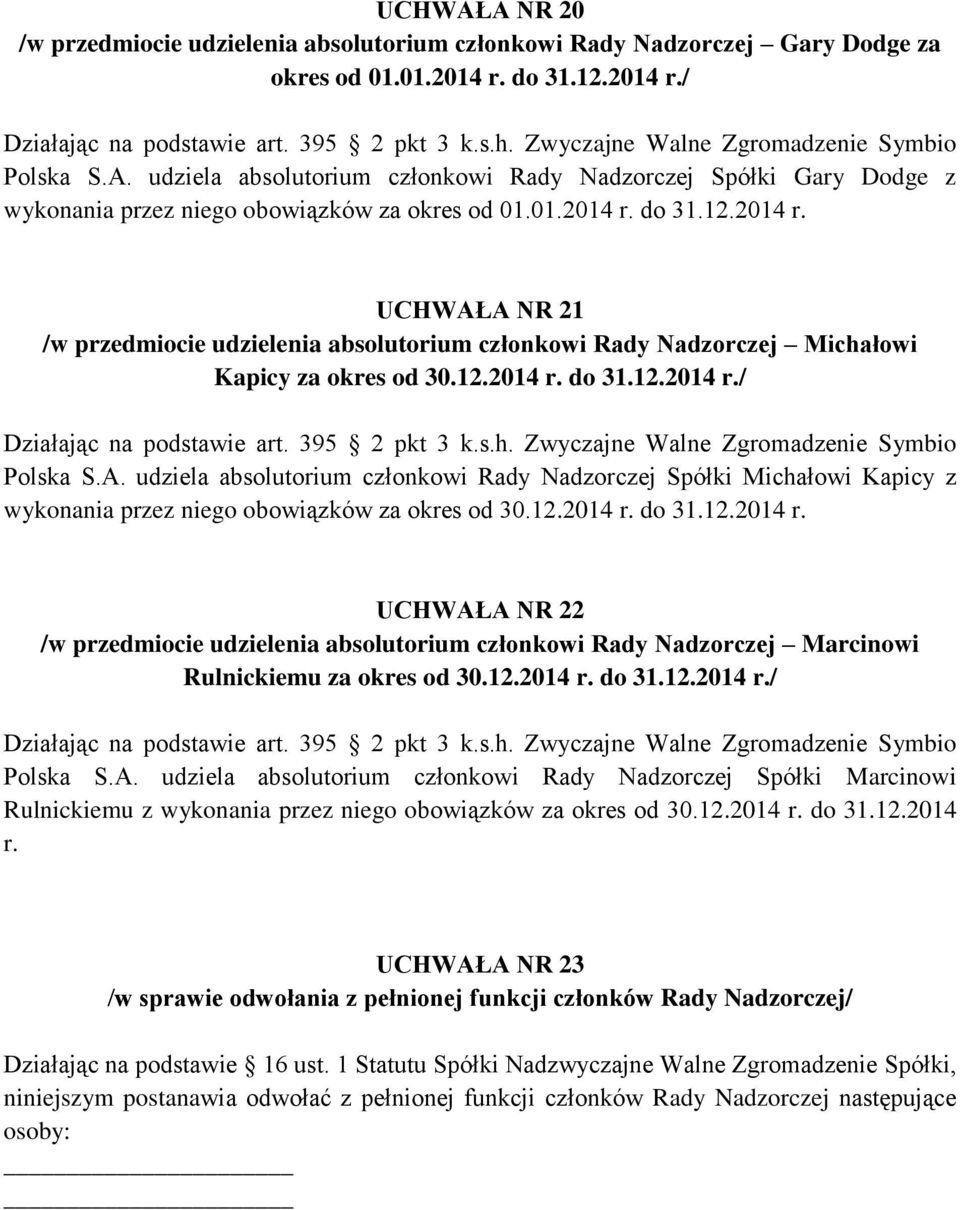 12.2014 r. do 31.12.2014 r. UCHWAŁA NR 22 /w przedmiocie udzielenia absolutorium członkowi Rady Nadzorczej Marcinowi Rulnickiemu za okres od 30.12.2014 r. do 31.12.2014 r./ Polska S.A. udziela absolutorium członkowi Rady Nadzorczej Spółki Marcinowi Rulnickiemu z wykonania przez niego obowiązków za okres od 30.